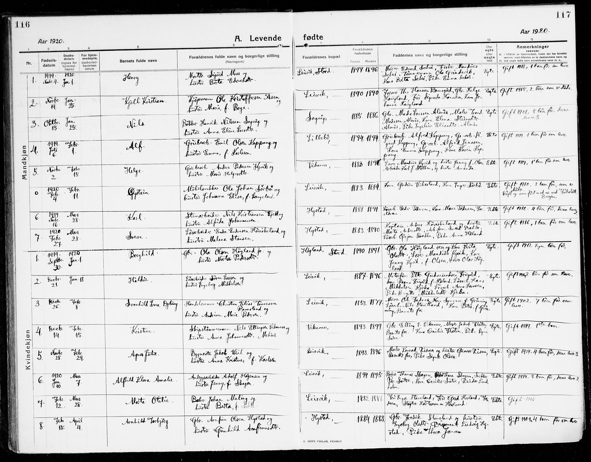 Stord sokneprestembete, SAB/A-78201/H/Haa: Parish register (official) no. B 3, 1913-1925, p. 116-117