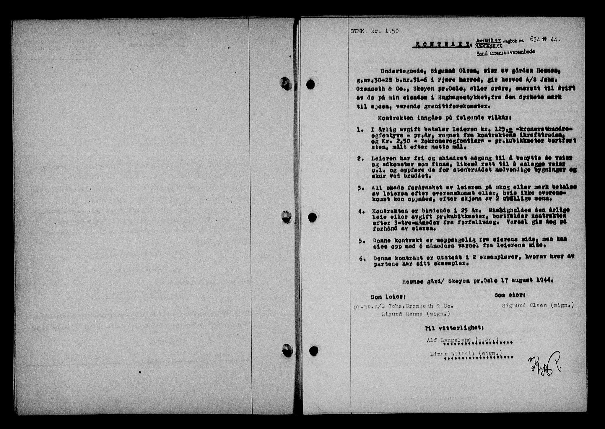 Vestre Nedenes/Sand sorenskriveri, SAK/1221-0010/G/Gb/Gba/L0053: Mortgage book no. A 6, 1944-1945, Diary no: : 634/1944