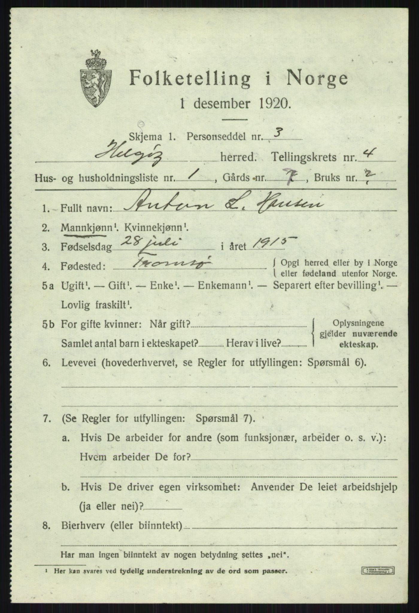 SATØ, 1920 census for Helgøy, 1920, p. 1648