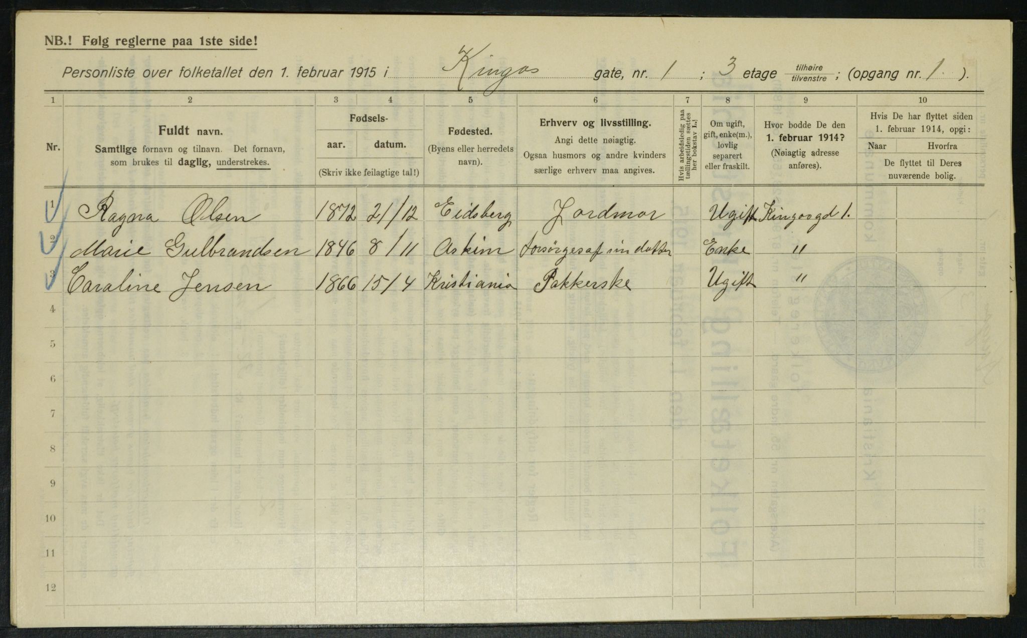 OBA, Municipal Census 1915 for Kristiania, 1915, p. 49085