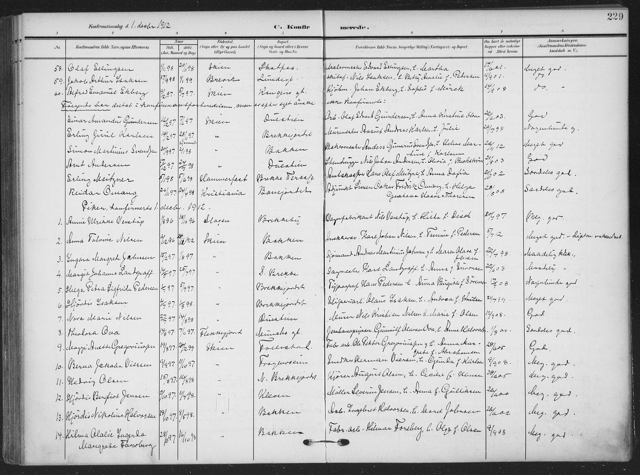 Skien kirkebøker, SAKO/A-302/F/Fa/L0012: Parish register (official) no. 12, 1908-1914, p. 229
