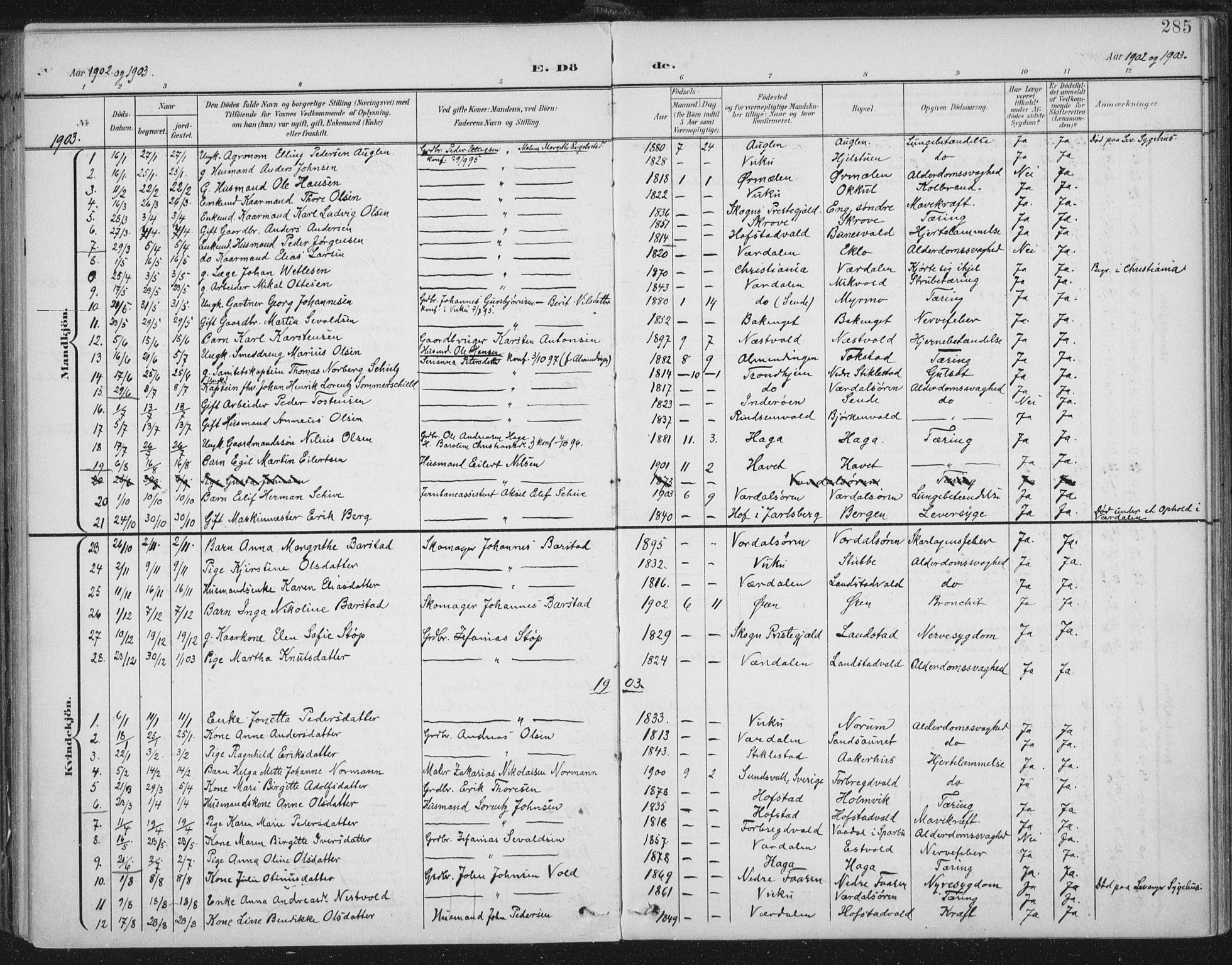 Ministerialprotokoller, klokkerbøker og fødselsregistre - Nord-Trøndelag, SAT/A-1458/723/L0246: Parish register (official) no. 723A15, 1900-1917, p. 285