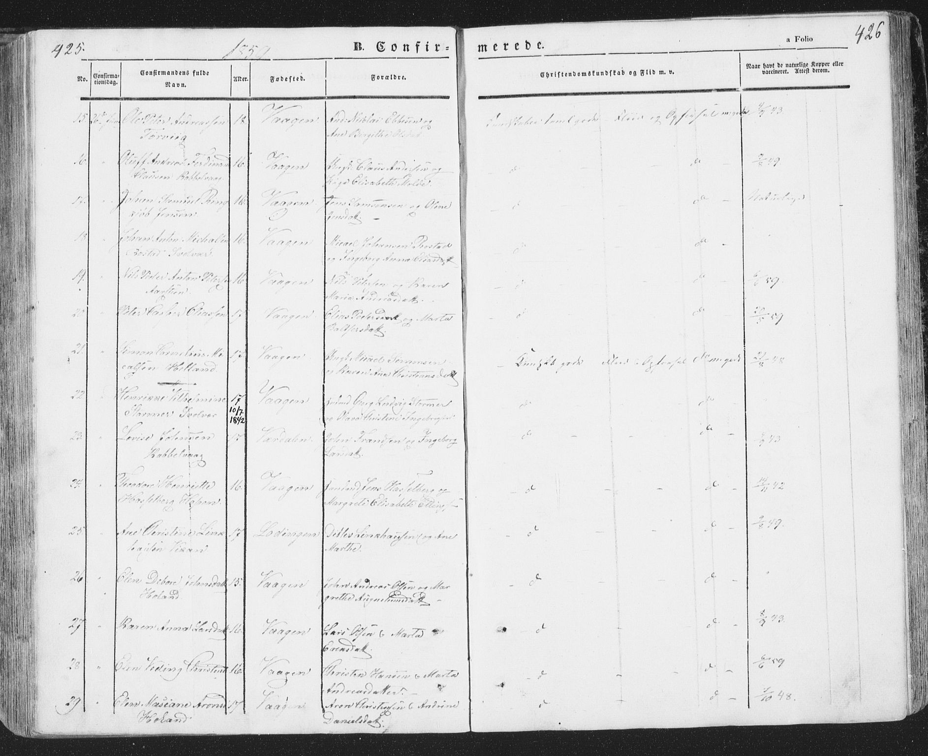 Ministerialprotokoller, klokkerbøker og fødselsregistre - Nordland, SAT/A-1459/874/L1072: Parish register (copy) no. 874C01, 1843-1859, p. 425-426