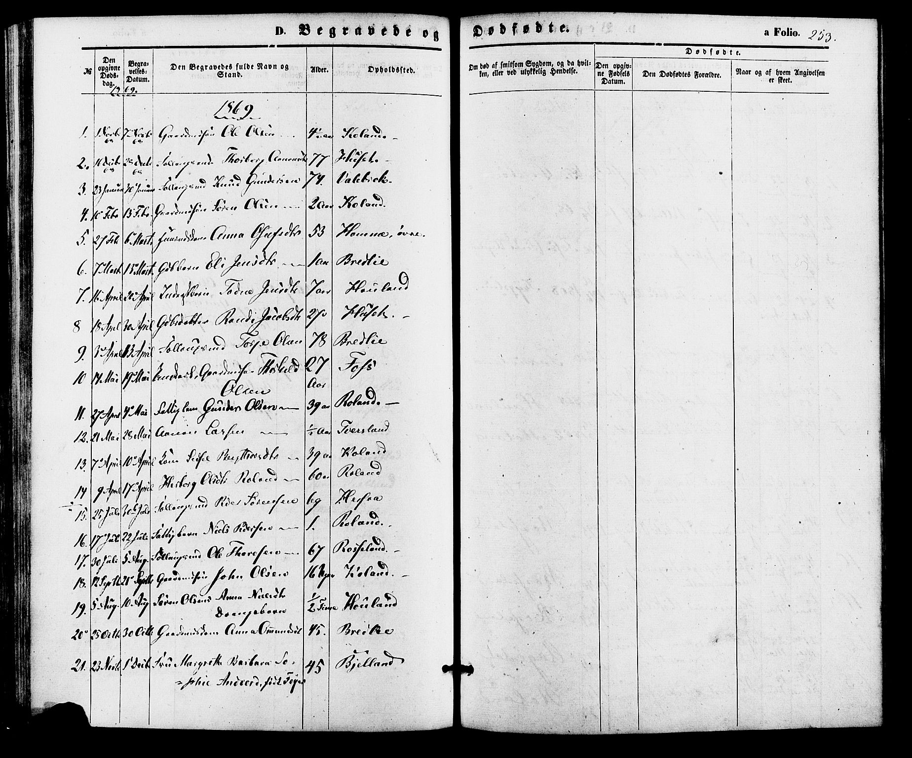 Bjelland sokneprestkontor, SAK/1111-0005/F/Fa/Faa/L0003: Parish register (official) no. A 3, 1867-1887, p. 253