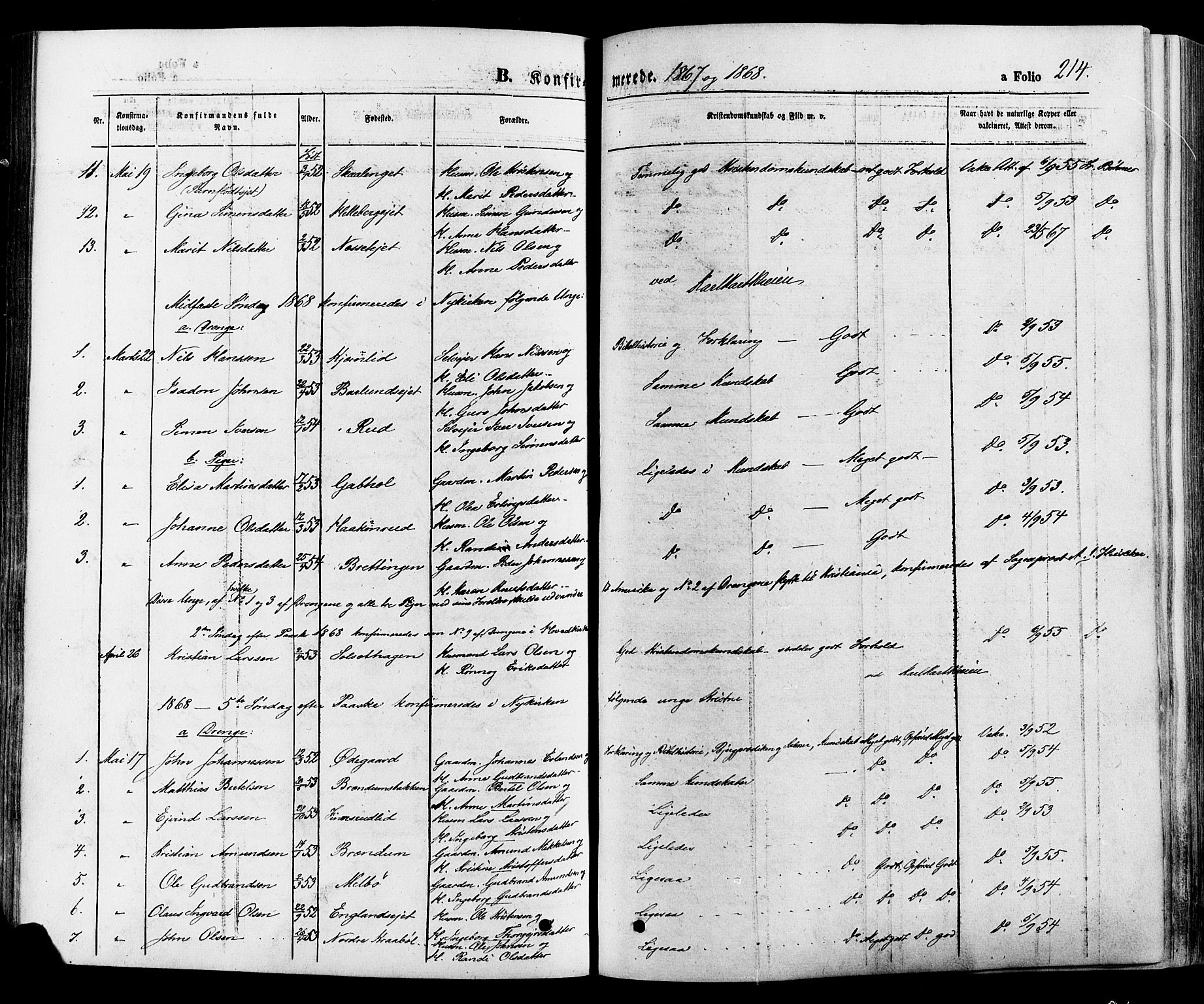 Gausdal prestekontor, SAH/PREST-090/H/Ha/Haa/L0010: Parish register (official) no. 10, 1867-1886, p. 214