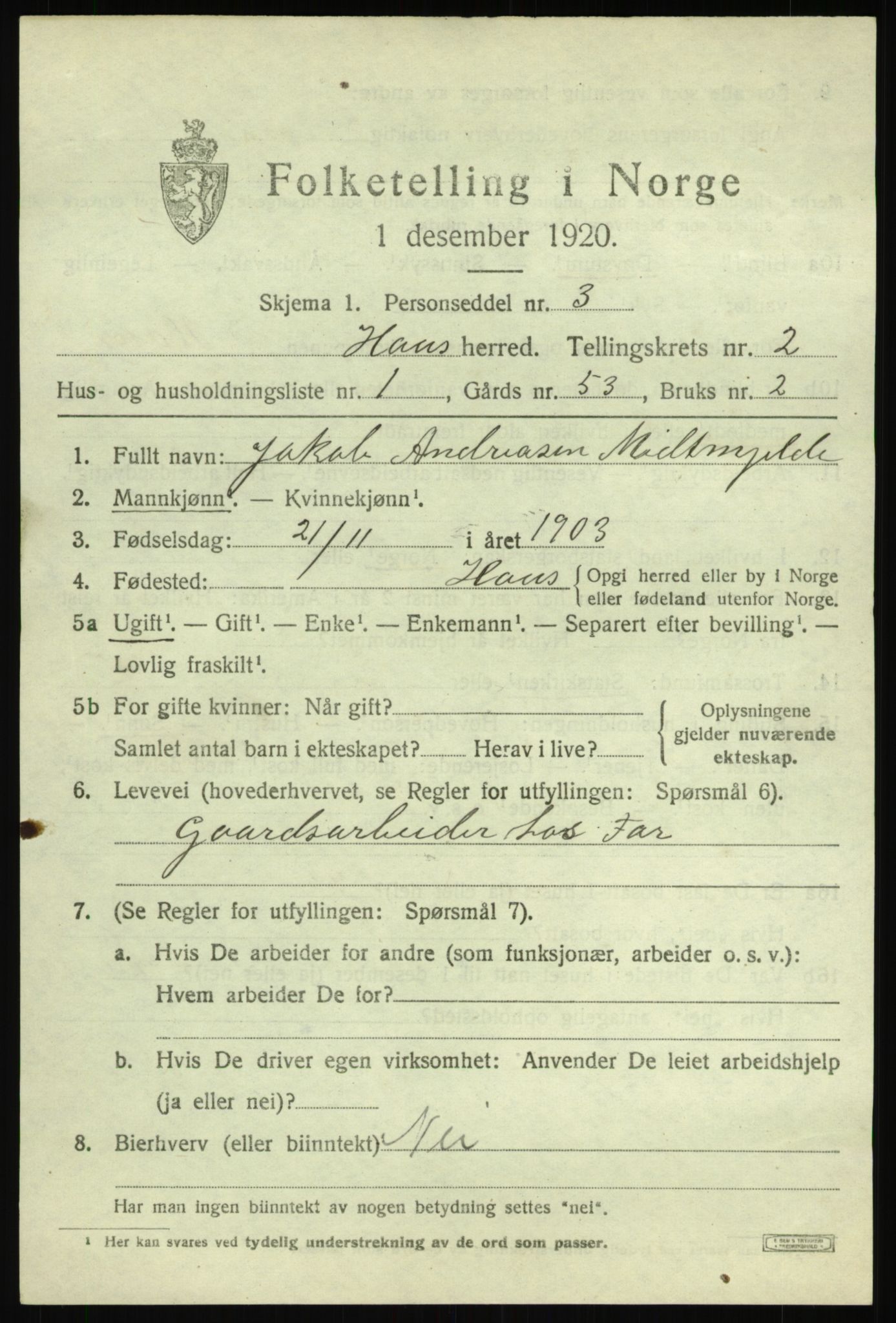 SAB, 1920 census for Haus, 1920, p. 2043