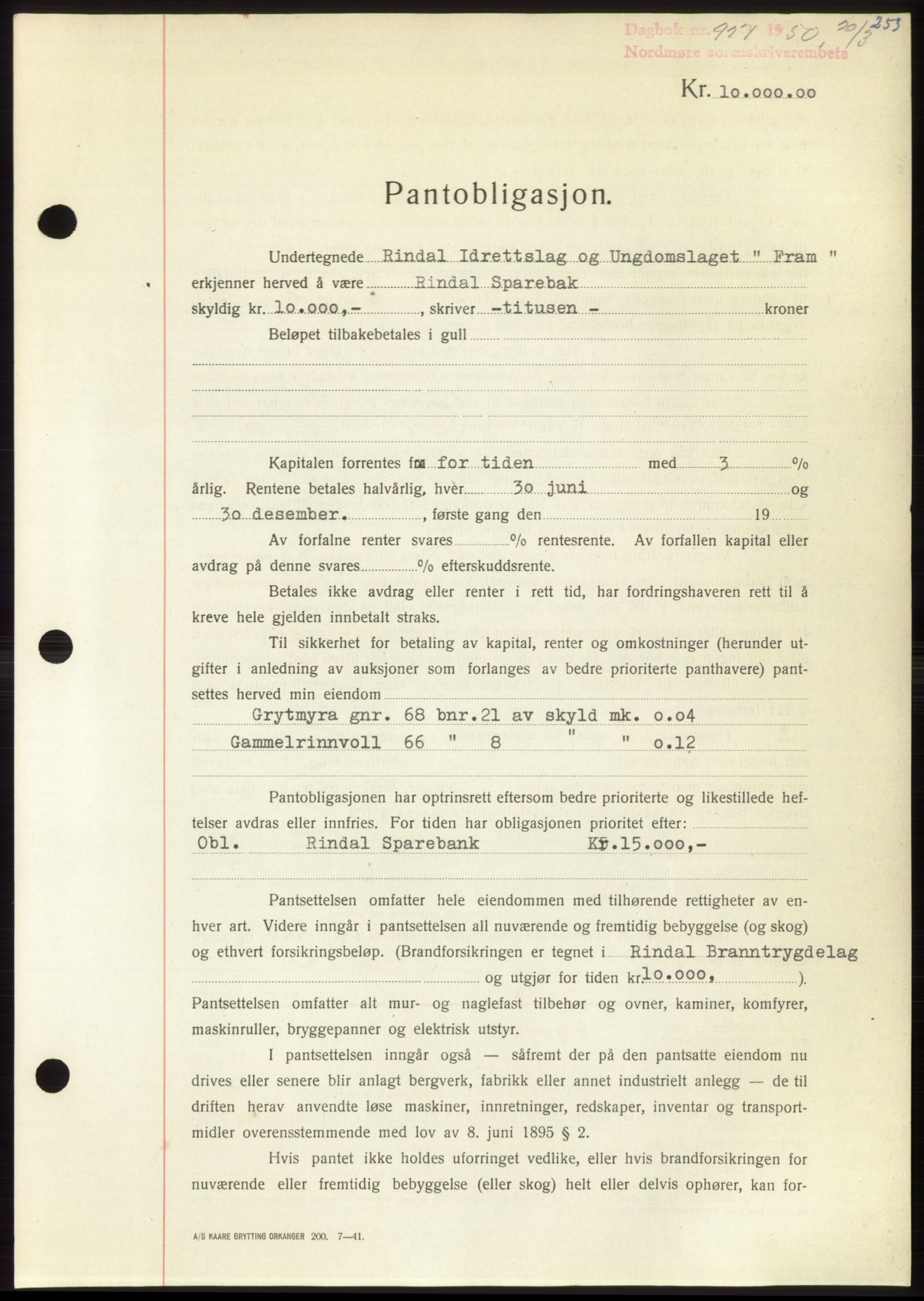 Nordmøre sorenskriveri, AV/SAT-A-4132/1/2/2Ca: Mortgage book no. B104, 1950-1950, Diary no: : 927/1950