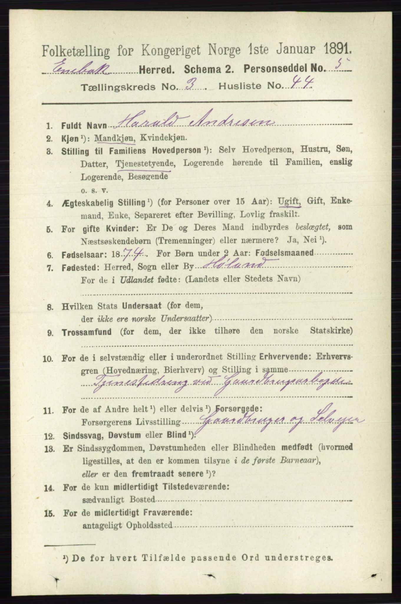 RA, 1891 census for 0229 Enebakk, 1891, p. 1400