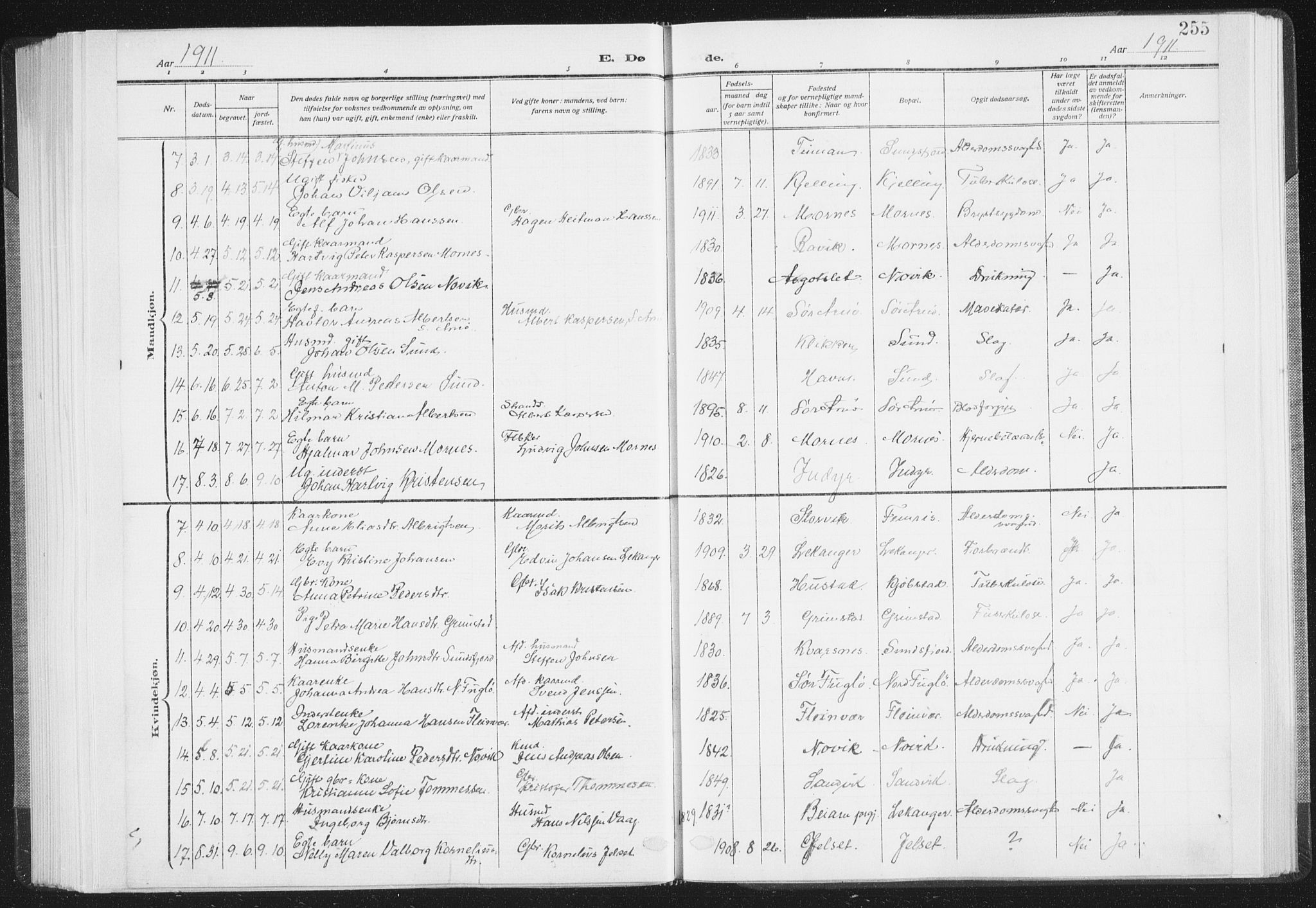 Ministerialprotokoller, klokkerbøker og fødselsregistre - Nordland, SAT/A-1459/805/L0104: Parish register (official) no. 805A09, 1909-1926, p. 255