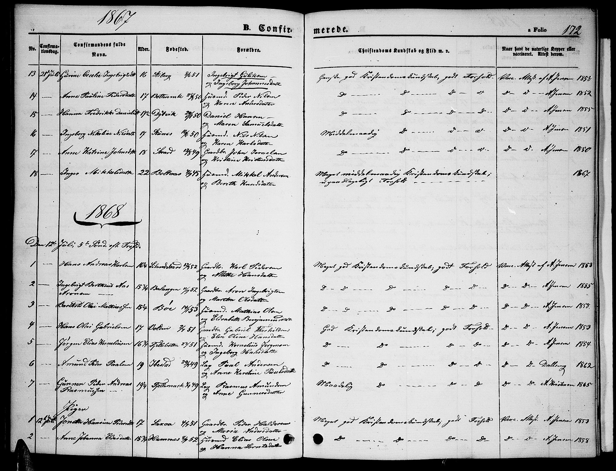 Ministerialprotokoller, klokkerbøker og fødselsregistre - Nordland, AV/SAT-A-1459/863/L0912: Parish register (copy) no. 863C02, 1858-1876, p. 172