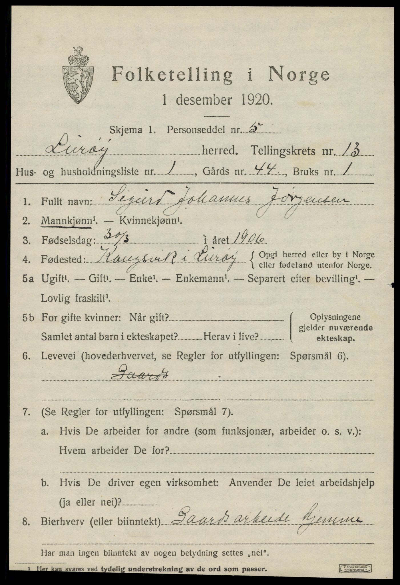 SAT, 1920 census for Lurøy, 1920, p. 5191