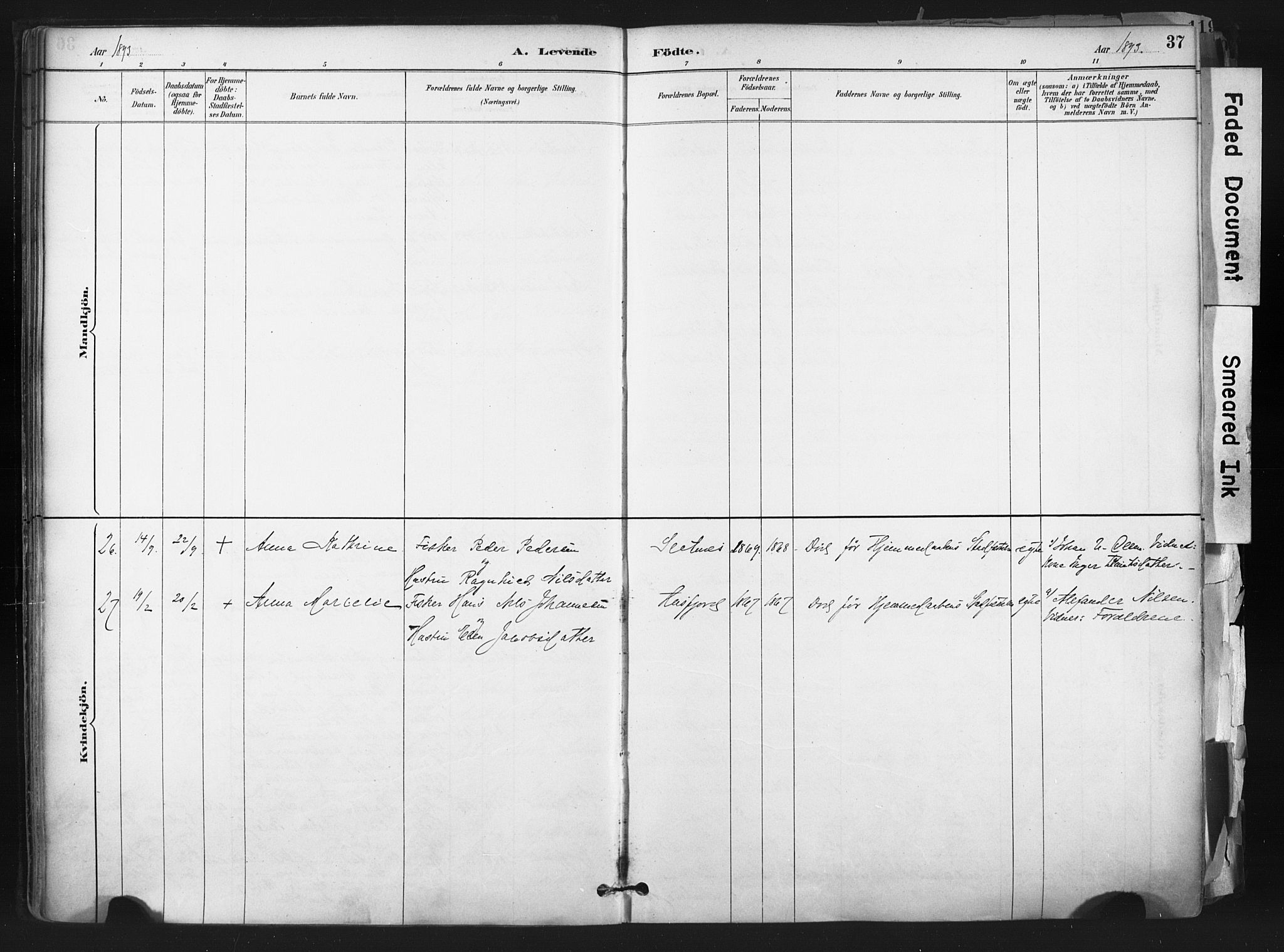Hammerfest sokneprestkontor, AV/SATØ-S-1347/H/Ha/L0011.kirke: Parish register (official) no. 11 /1, 1885-1897, p. 37