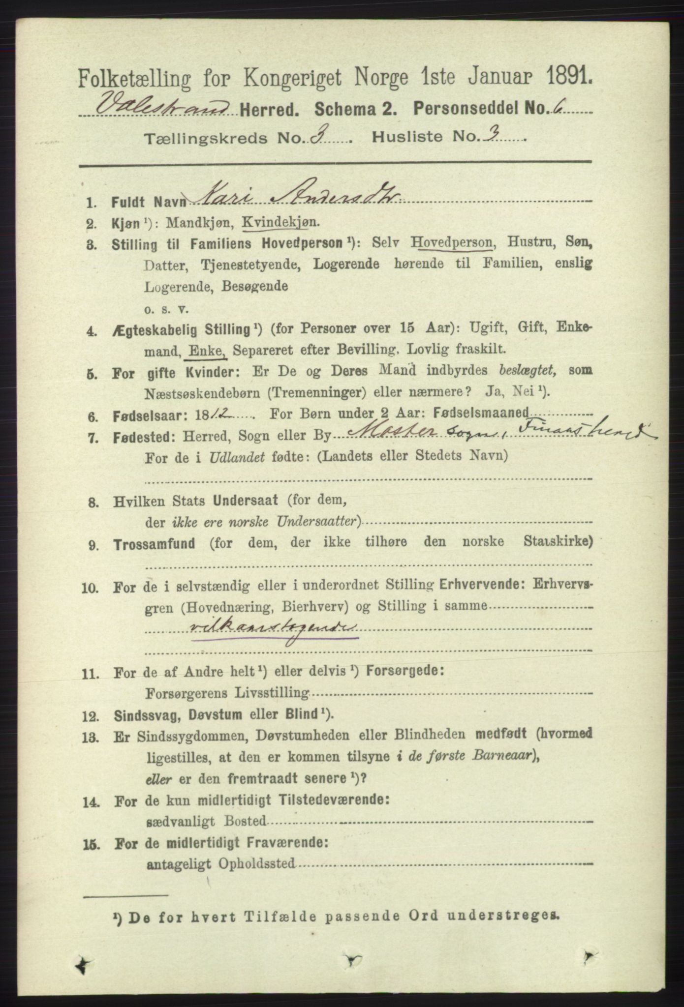 RA, 1891 census for 1217 Valestrand, 1891, p. 557