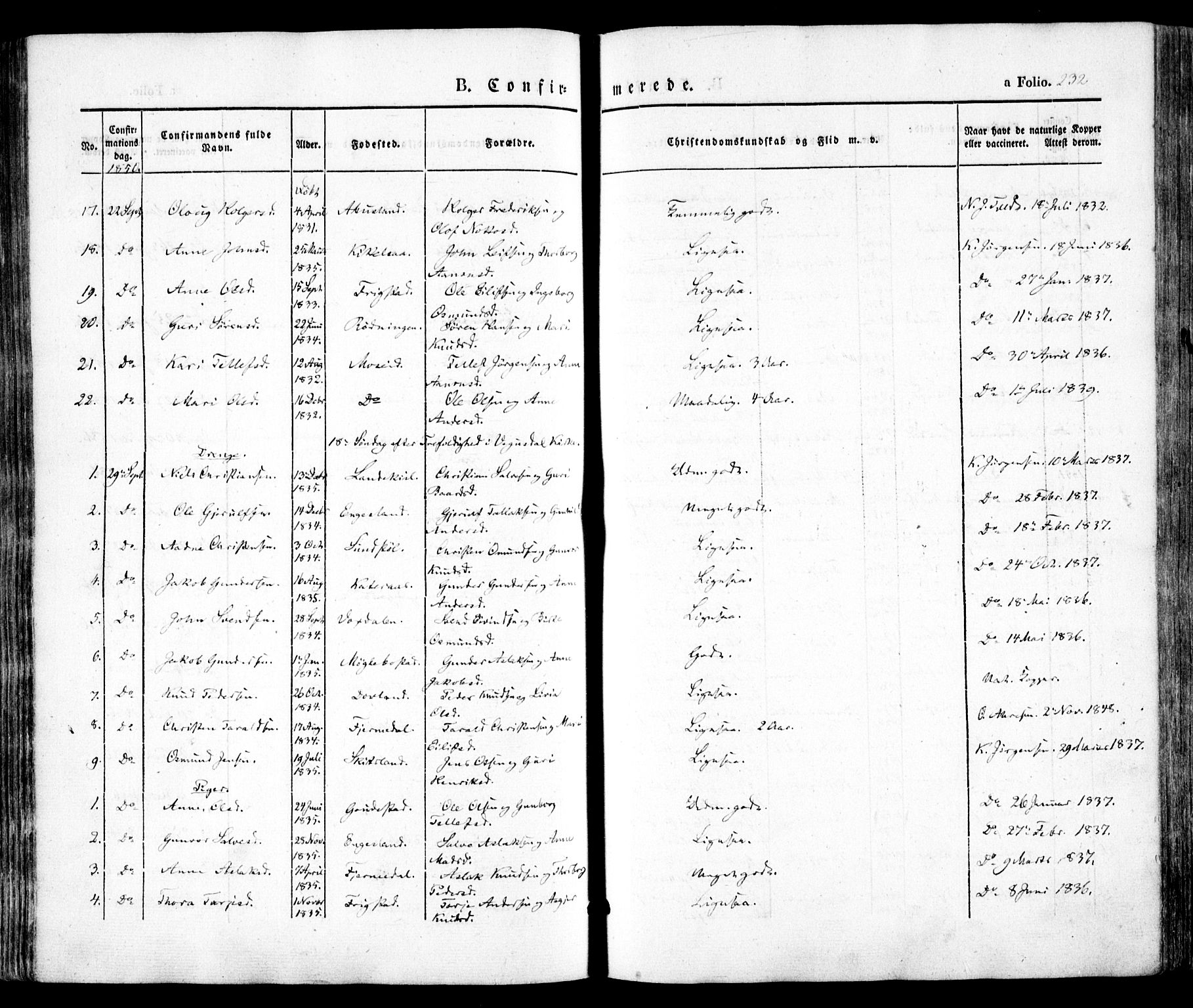 Evje sokneprestkontor, AV/SAK-1111-0008/F/Fa/Faa/L0005: Parish register (official) no. A 5, 1843-1865, p. 232