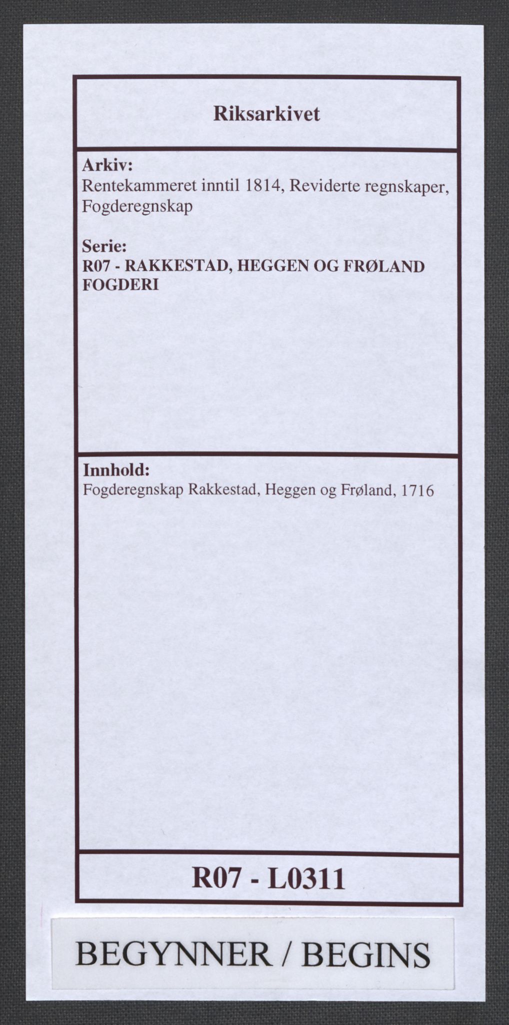 Rentekammeret inntil 1814, Reviderte regnskaper, Fogderegnskap, RA/EA-4092/R07/L0311: Fogderegnskap Rakkestad, Heggen og Frøland, 1716, p. 1