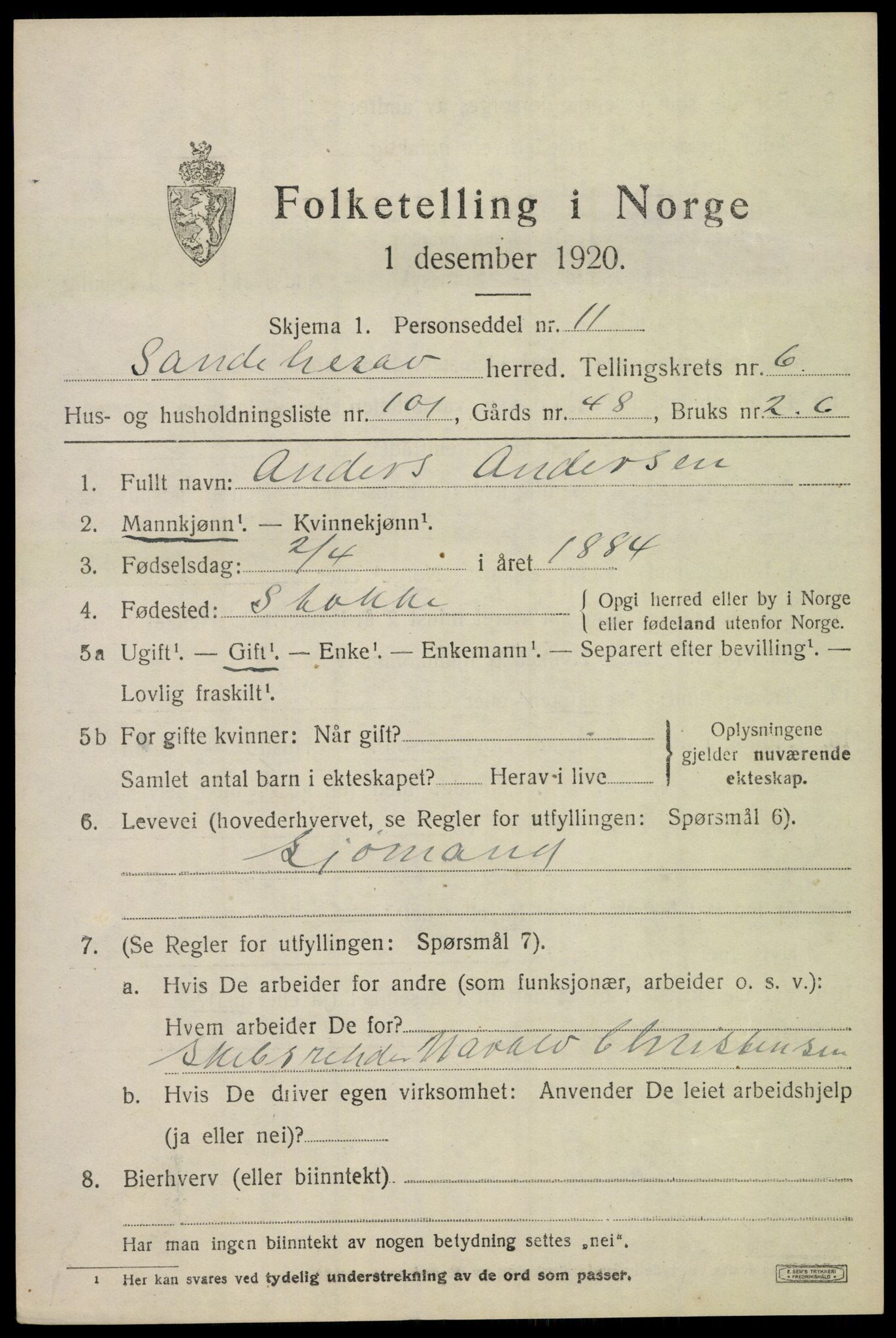 SAKO, 1920 census for Sandeherred, 1920, p. 10982