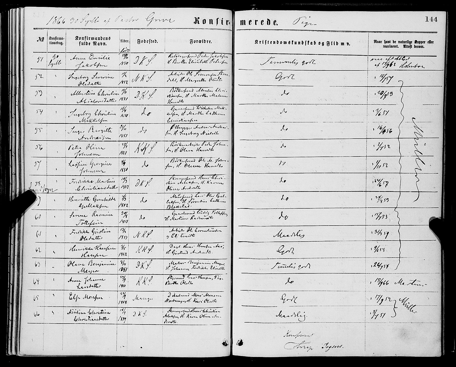 Domkirken sokneprestembete, SAB/A-74801/H/Haa/L0029: Parish register (official) no. C 4, 1864-1879, p. 144