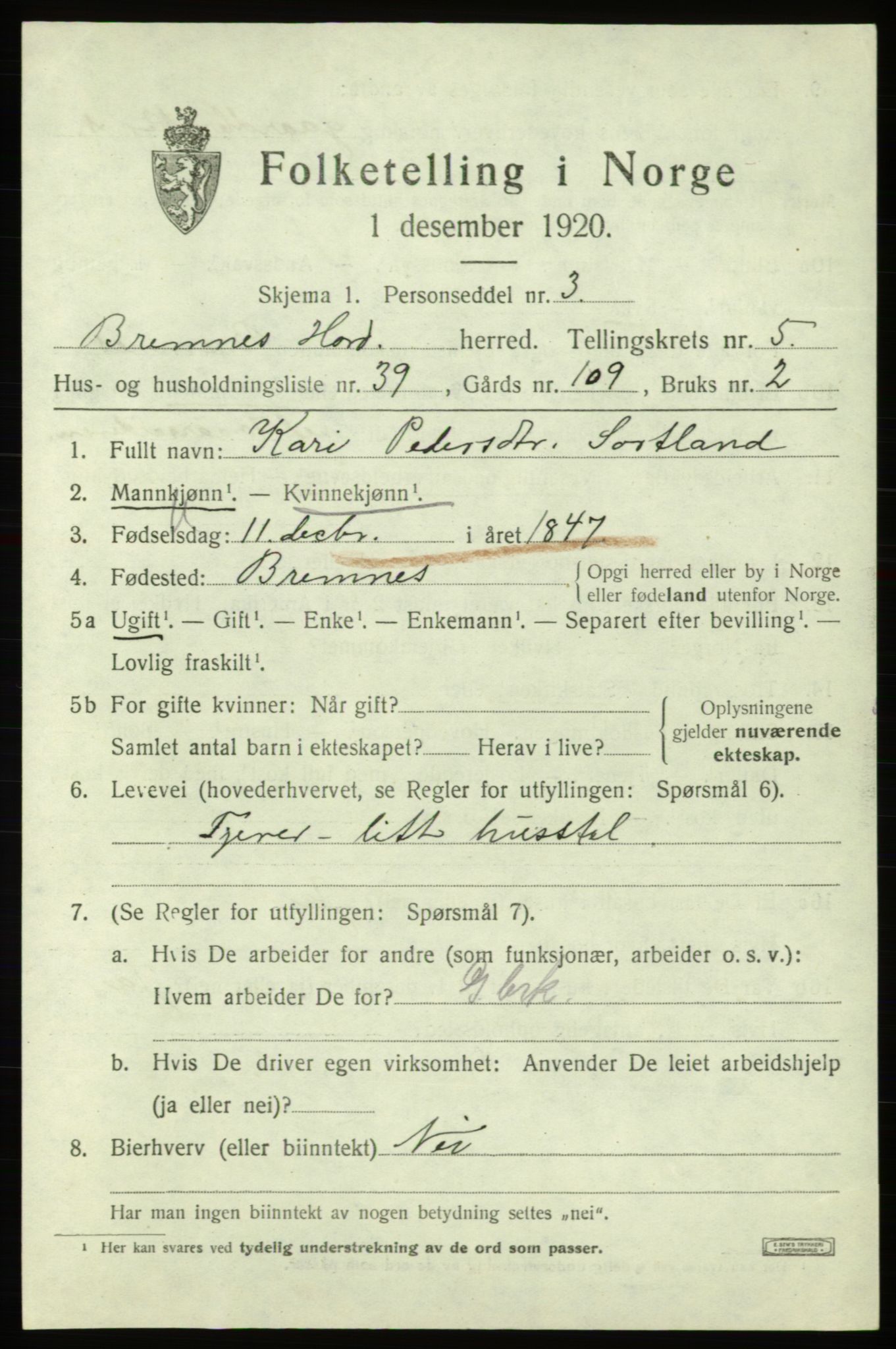 SAB, 1920 census for Bremnes, 1920, p. 3022