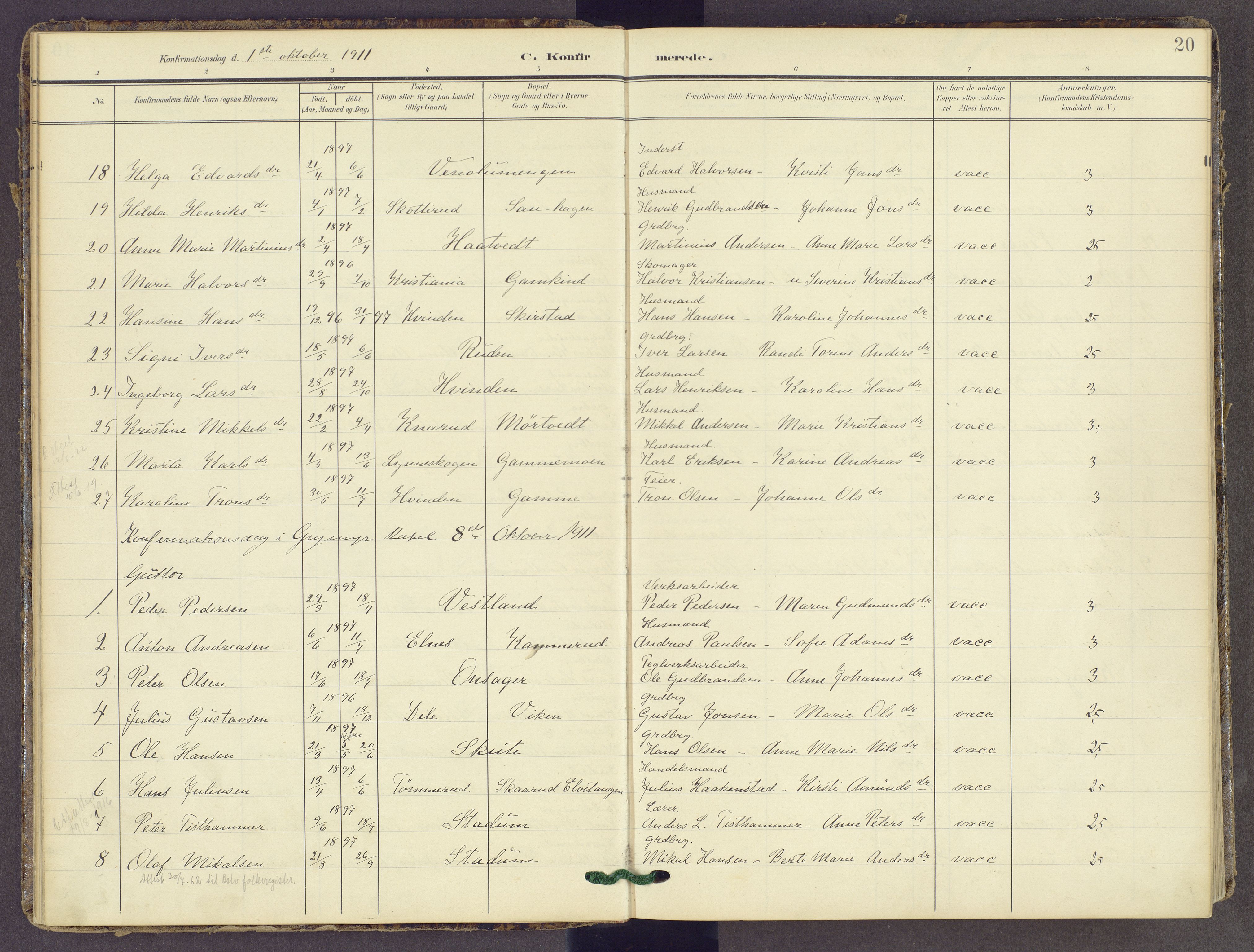 Gran prestekontor, SAH/PREST-112/H/Ha/Haa/L0022: Parish register (official) no. 22, 1908-1918, p. 20