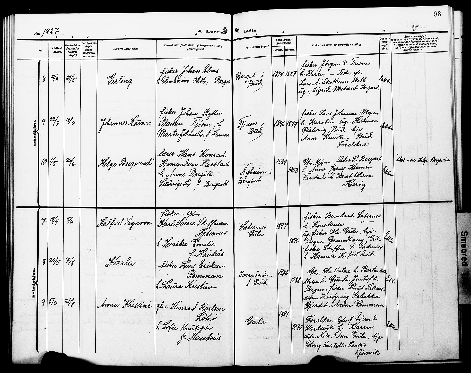 Ministerialprotokoller, klokkerbøker og fødselsregistre - Møre og Romsdal, SAT/A-1454/566/L0774: Parish register (copy) no. 566C03, 1910-1929, p. 93