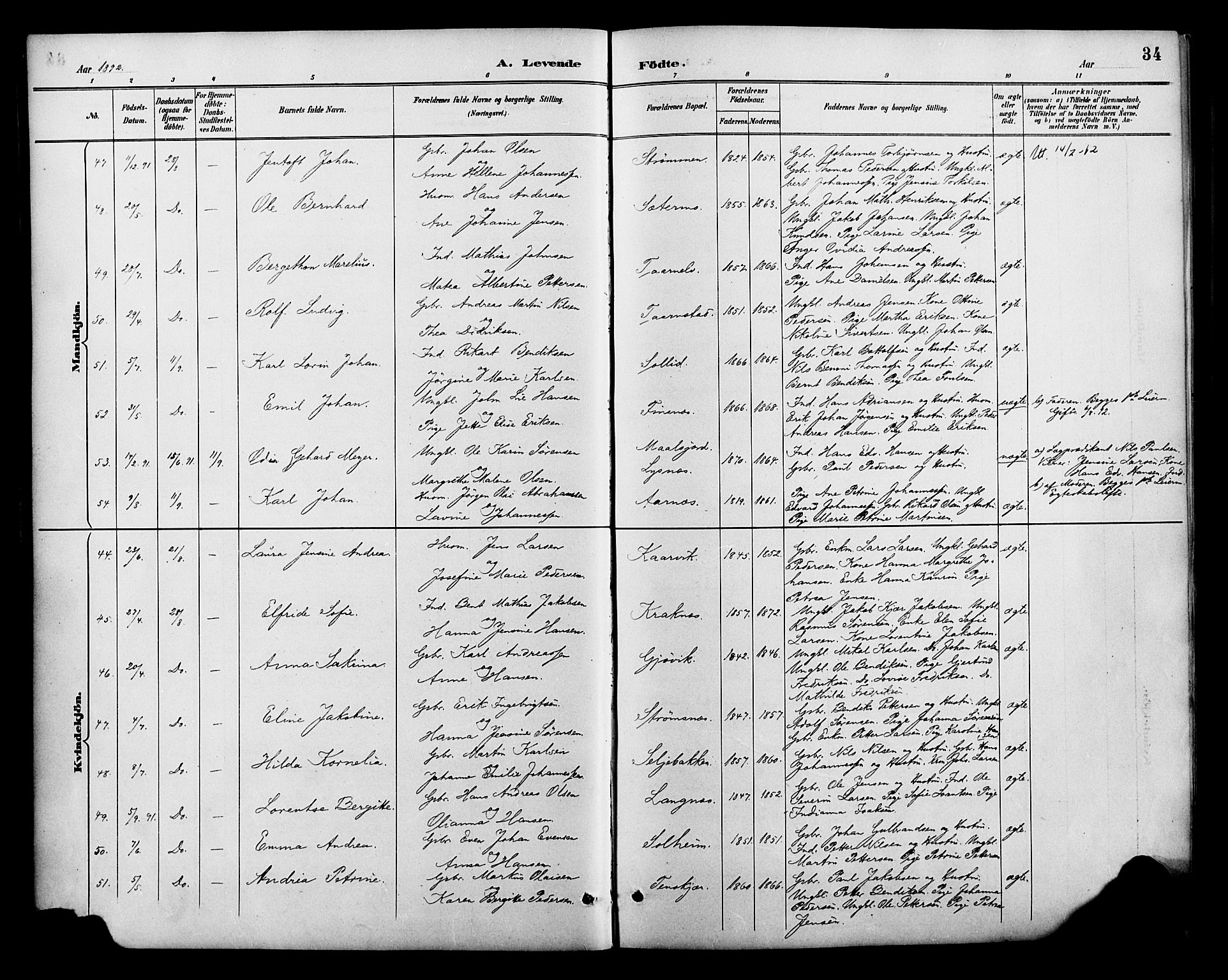 Lenvik sokneprestembete, SATØ/S-1310/H/Ha/Haa/L0013kirke: Parish register (official) no. 13, 1890-1898, p. 34