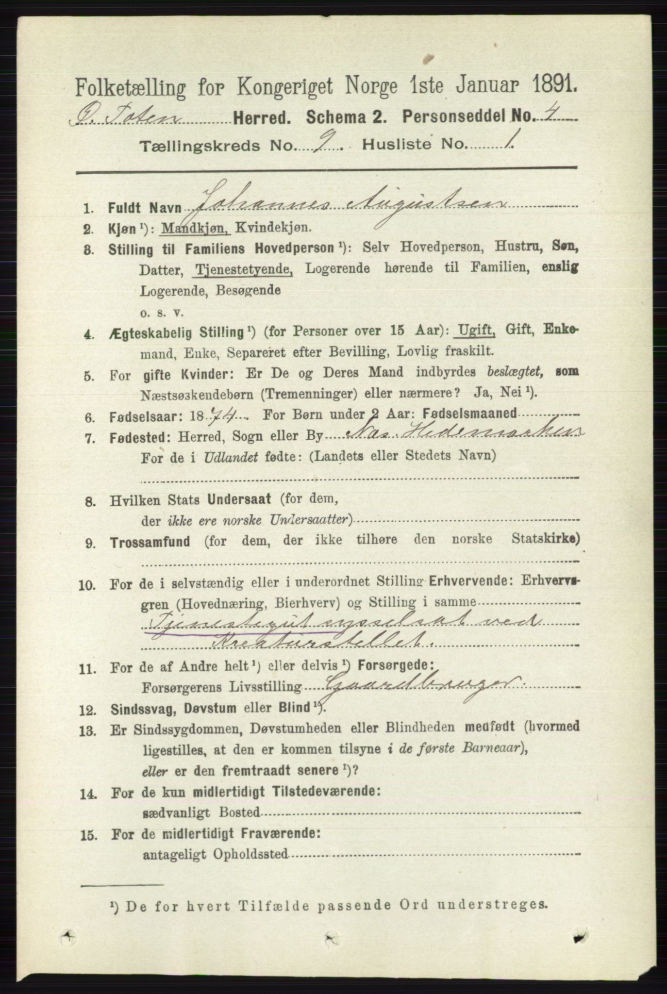 RA, 1891 census for 0528 Østre Toten, 1891, p. 5649