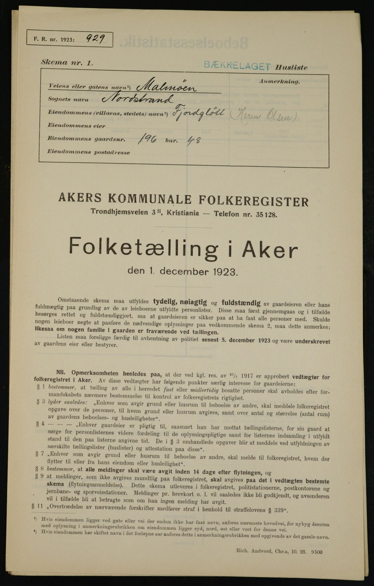 , Municipal Census 1923 for Aker, 1923, p. 42168