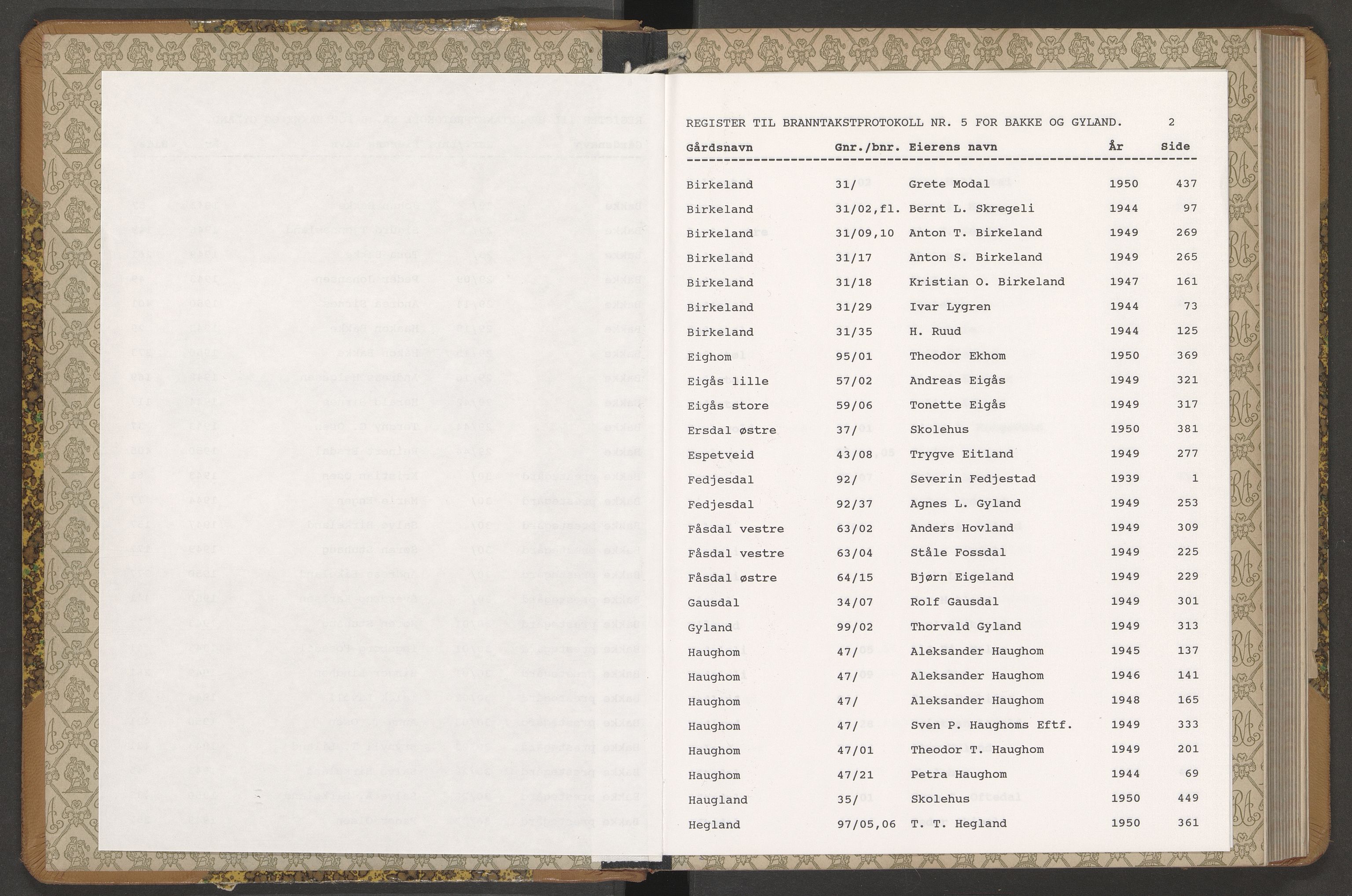 Norges Brannkasse Bakke og Gyland, AV/SAK-2241-0003/F/Fa/L0006: Branntakstprotokoll nr. 5 med gårdsnavnregister, 1939-1950