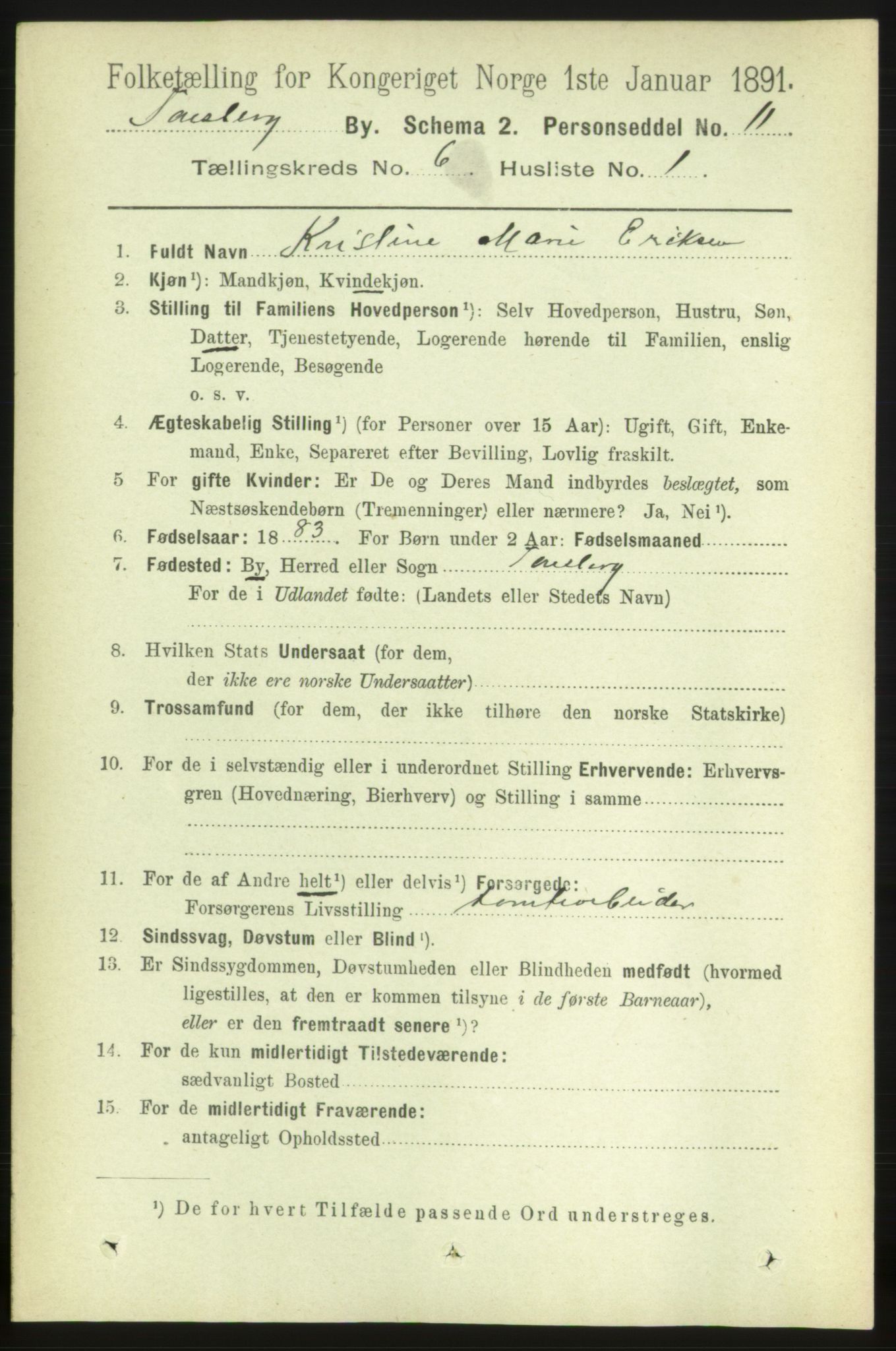 RA, 1891 census for 0705 Tønsberg, 1891, p. 2457