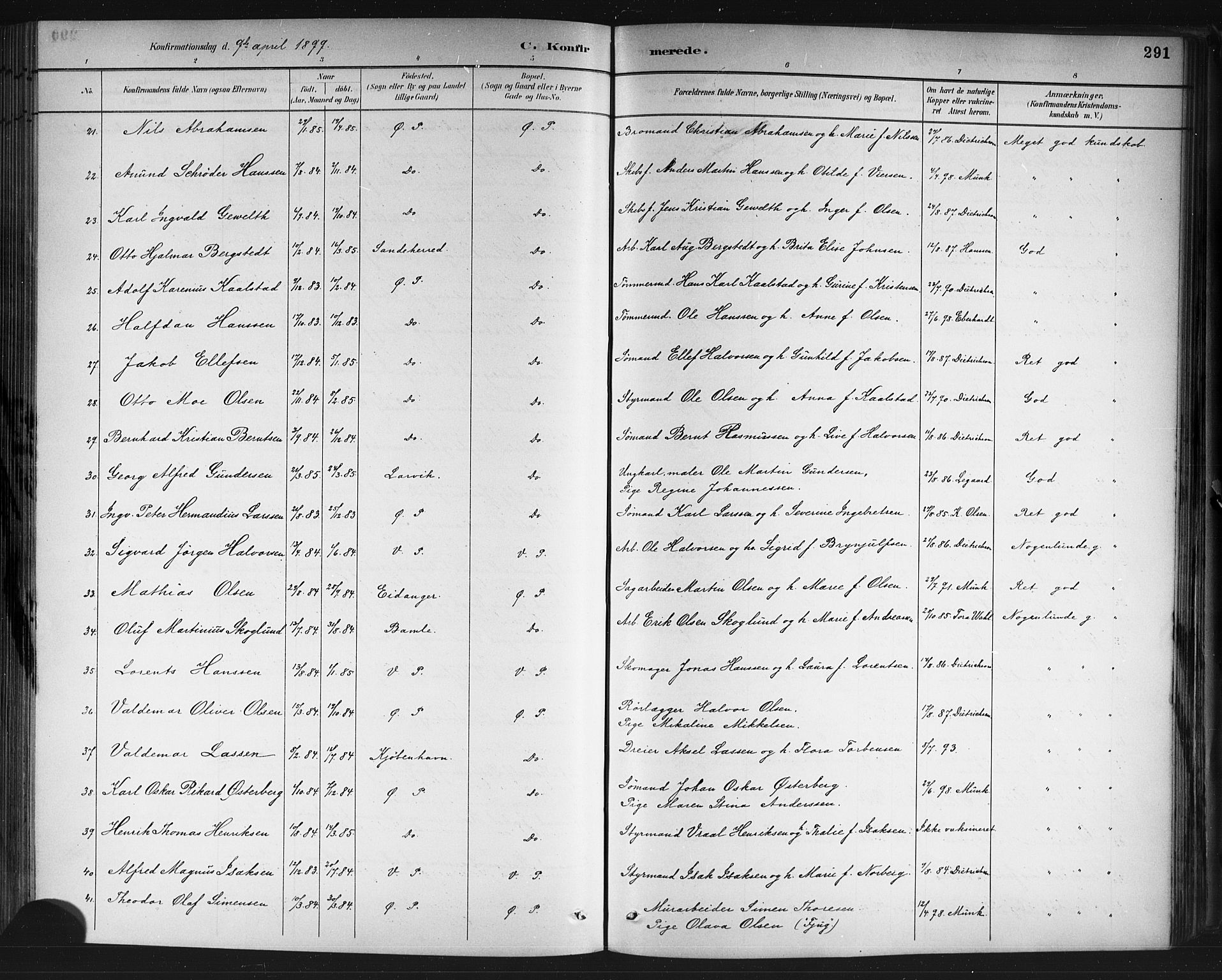 Porsgrunn kirkebøker , SAKO/A-104/G/Gb/L0005: Parish register (copy) no. II 5, 1883-1915, p. 291