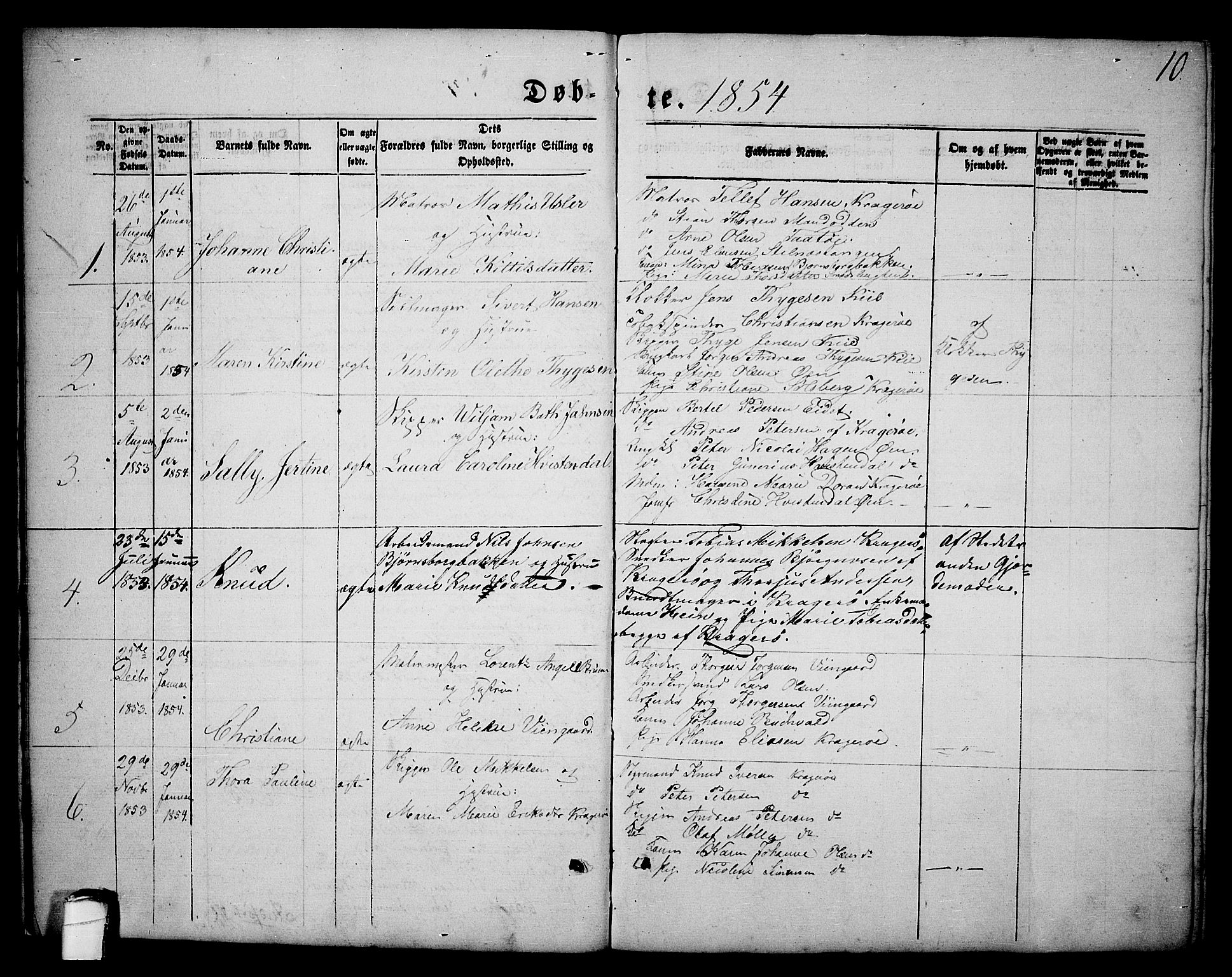 Kragerø kirkebøker, AV/SAKO-A-278/G/Ga/L0004: Parish register (copy) no. 4, 1853-1865, p. 10