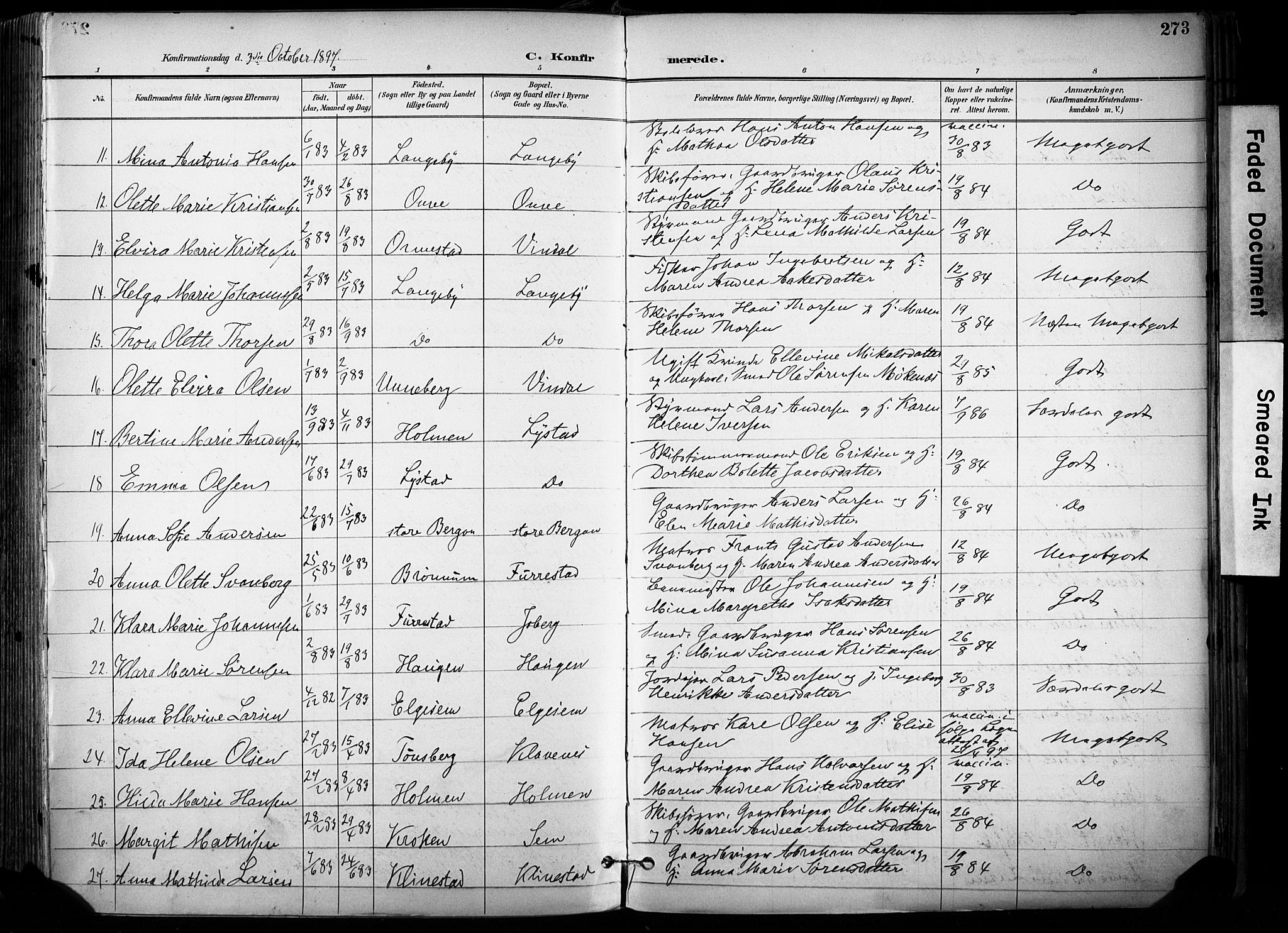 Sandar kirkebøker, AV/SAKO-A-243/F/Fa/L0014: Parish register (official) no. 14, 1896-1909, p. 273