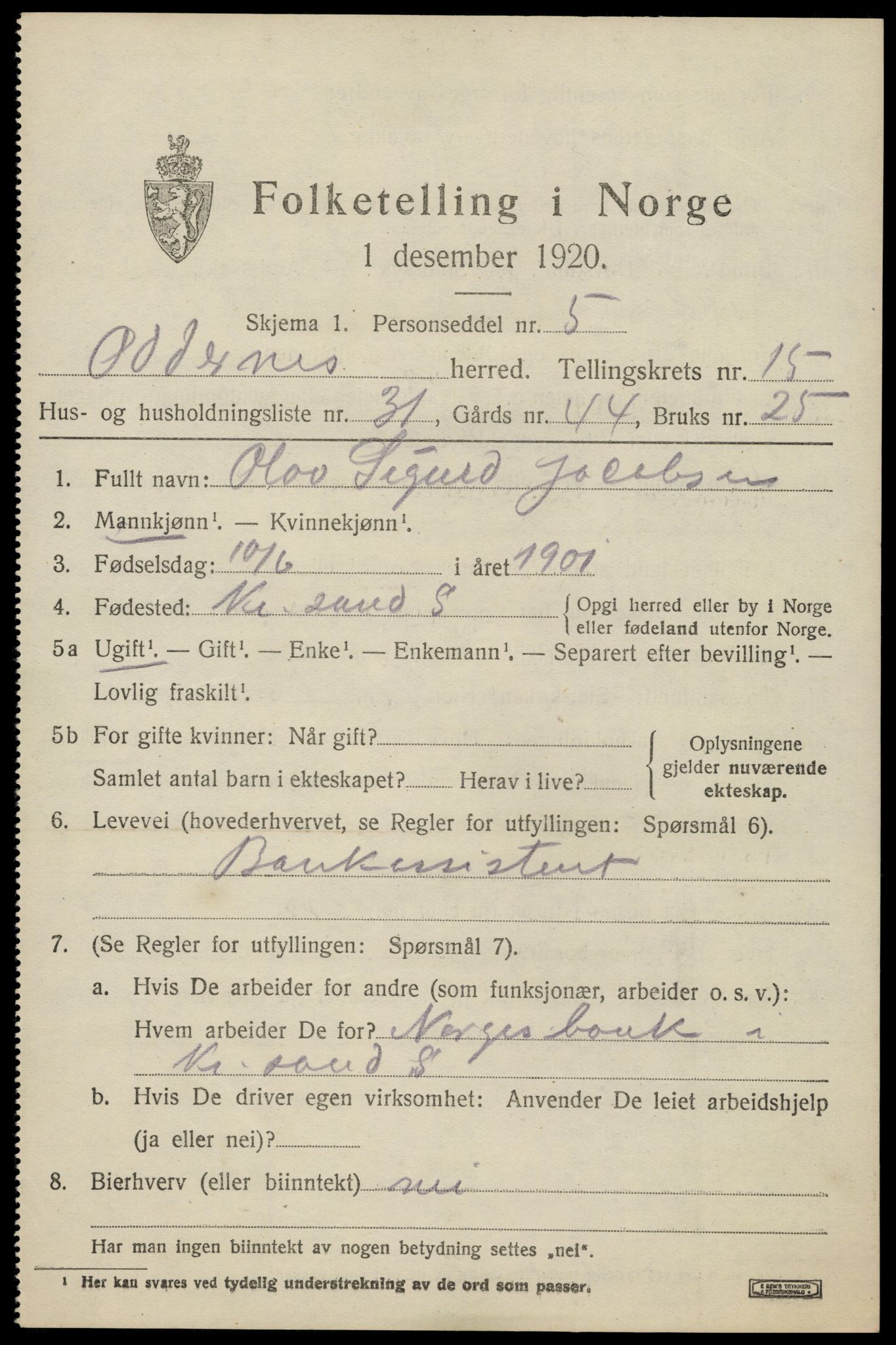 SAK, 1920 census for Oddernes, 1920, p. 10339