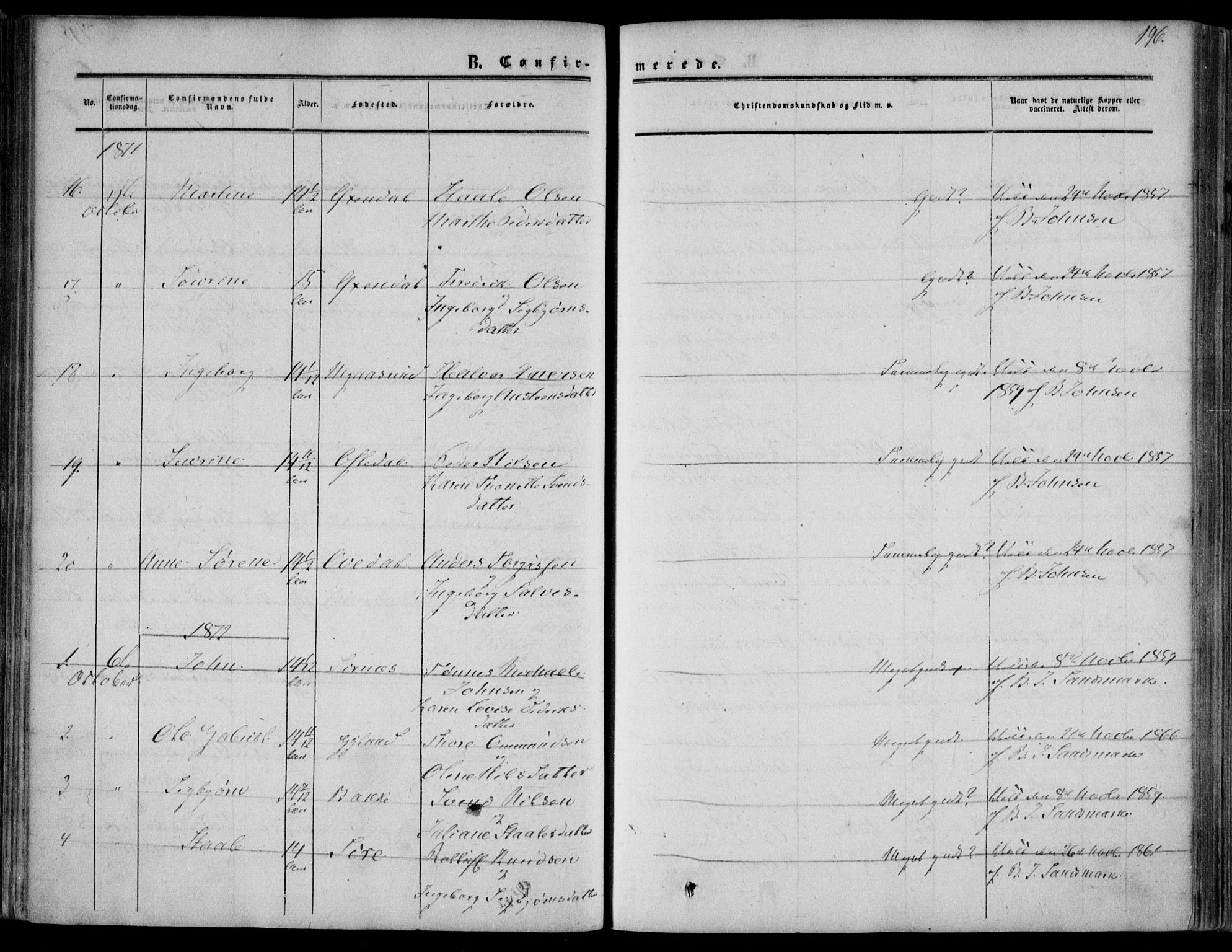 Bakke sokneprestkontor, SAK/1111-0002/F/Fa/Faa/L0006: Parish register (official) no. A 6, 1855-1877, p. 196