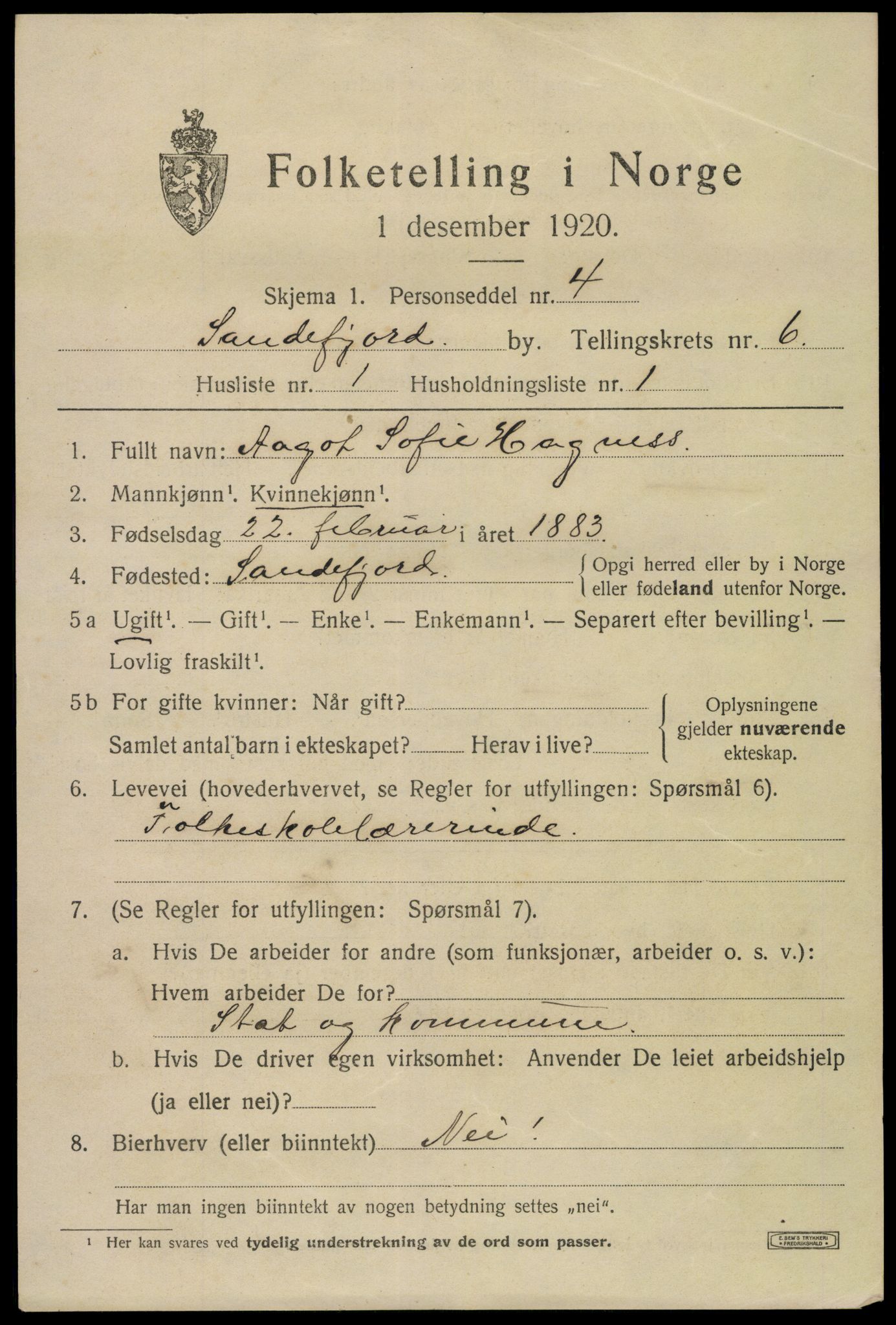 SAKO, 1920 census for Sandefjord, 1920, p. 9444