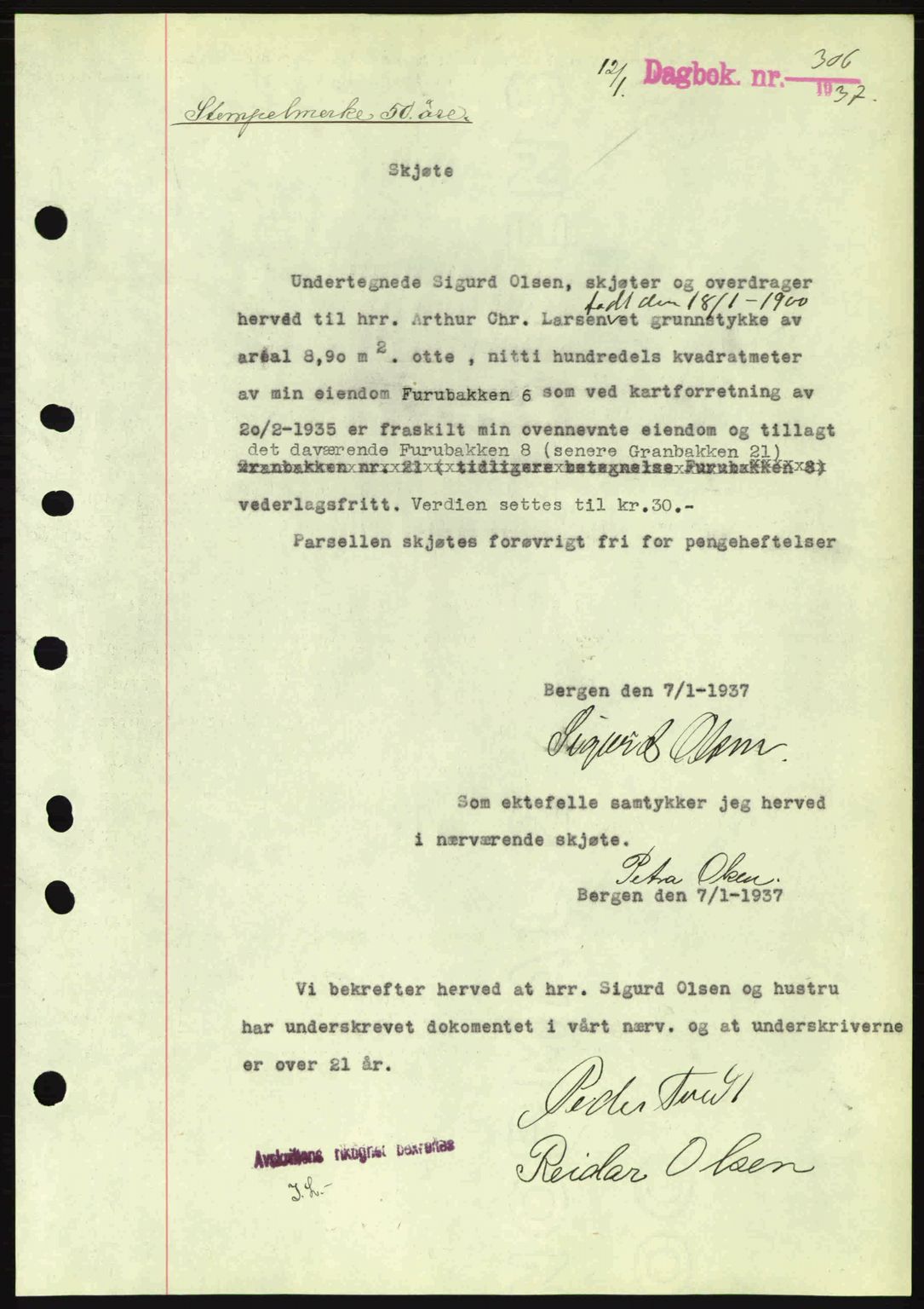 Byfogd og Byskriver i Bergen, SAB/A-3401/03/03Bc/L0004: Mortgage book no. A3-4, 1936-1937, Diary no: : 306/1937
