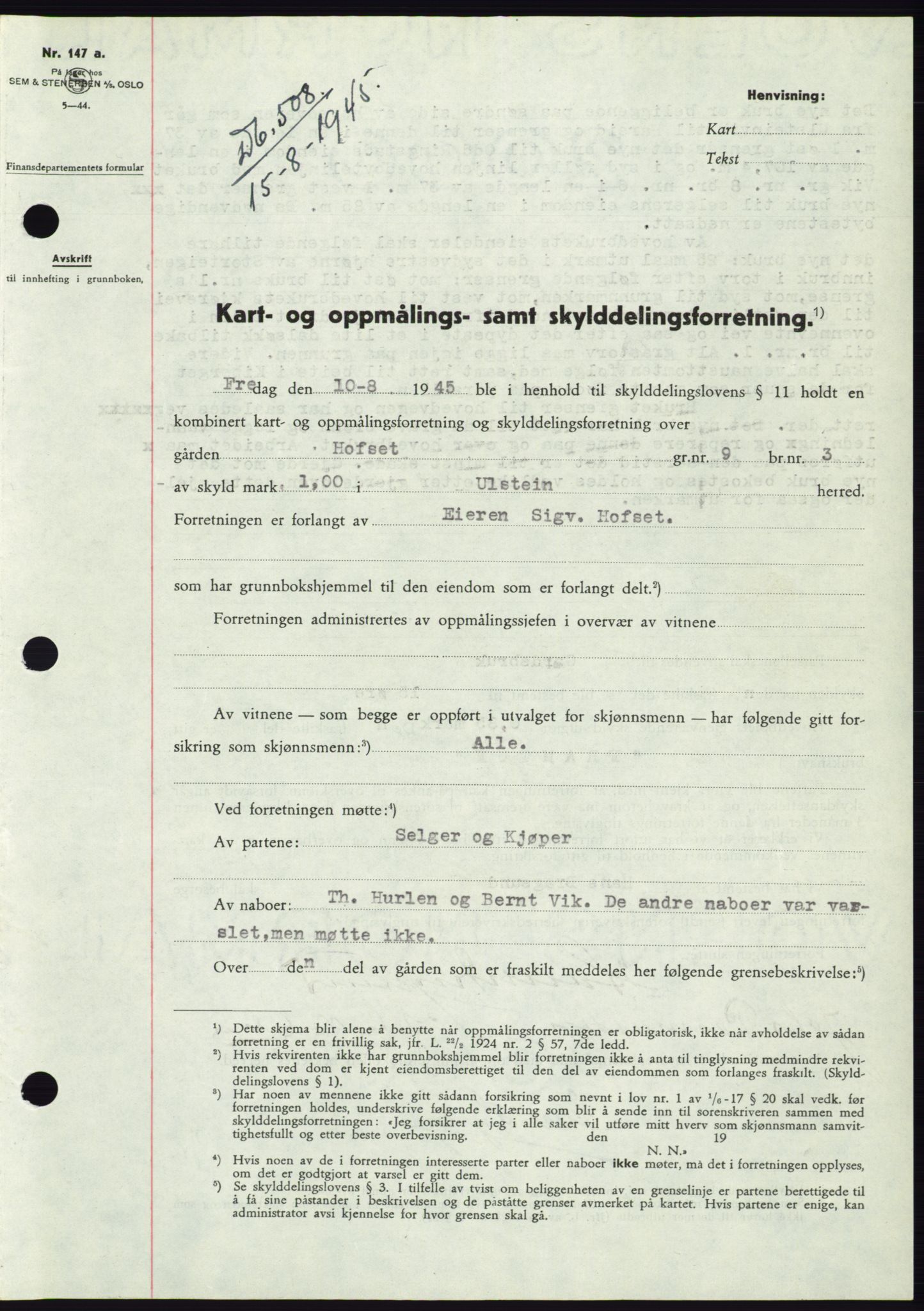 Søre Sunnmøre sorenskriveri, AV/SAT-A-4122/1/2/2C/L0077: Mortgage book no. 3A, 1945-1946, Diary no: : 508/1945