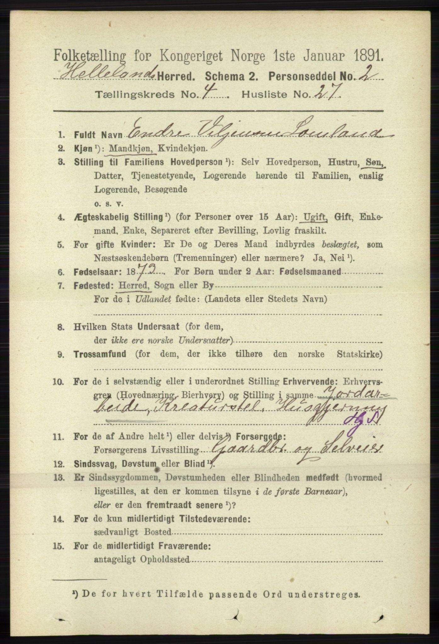 RA, 1891 census for 1115 Helleland, 1891, p. 1322