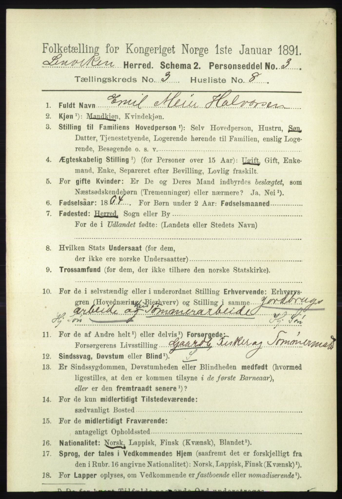 RA, 1891 census for 1931 Lenvik, 1891, p. 1407