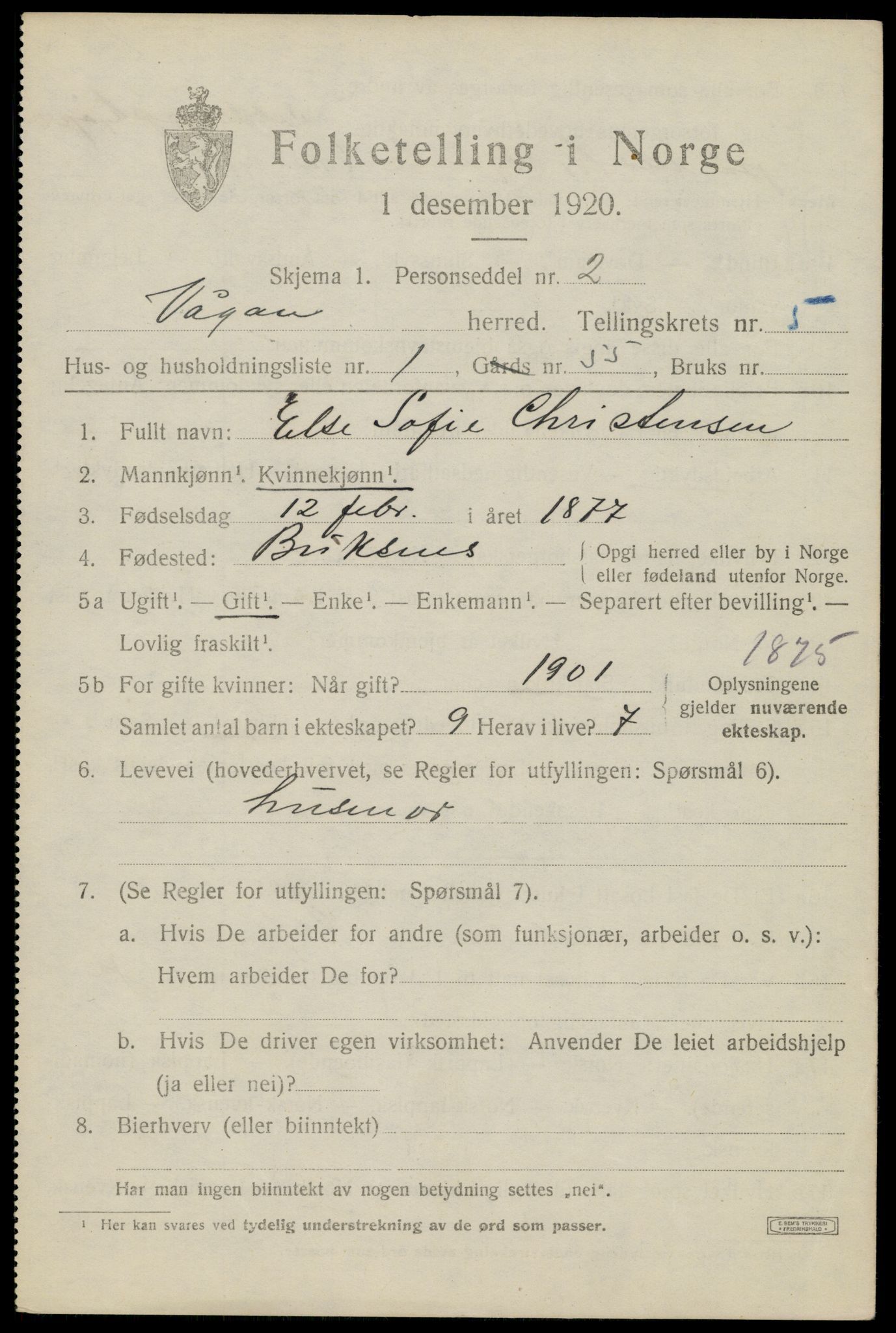 SAT, 1920 census for Vågan, 1920, p. 5031