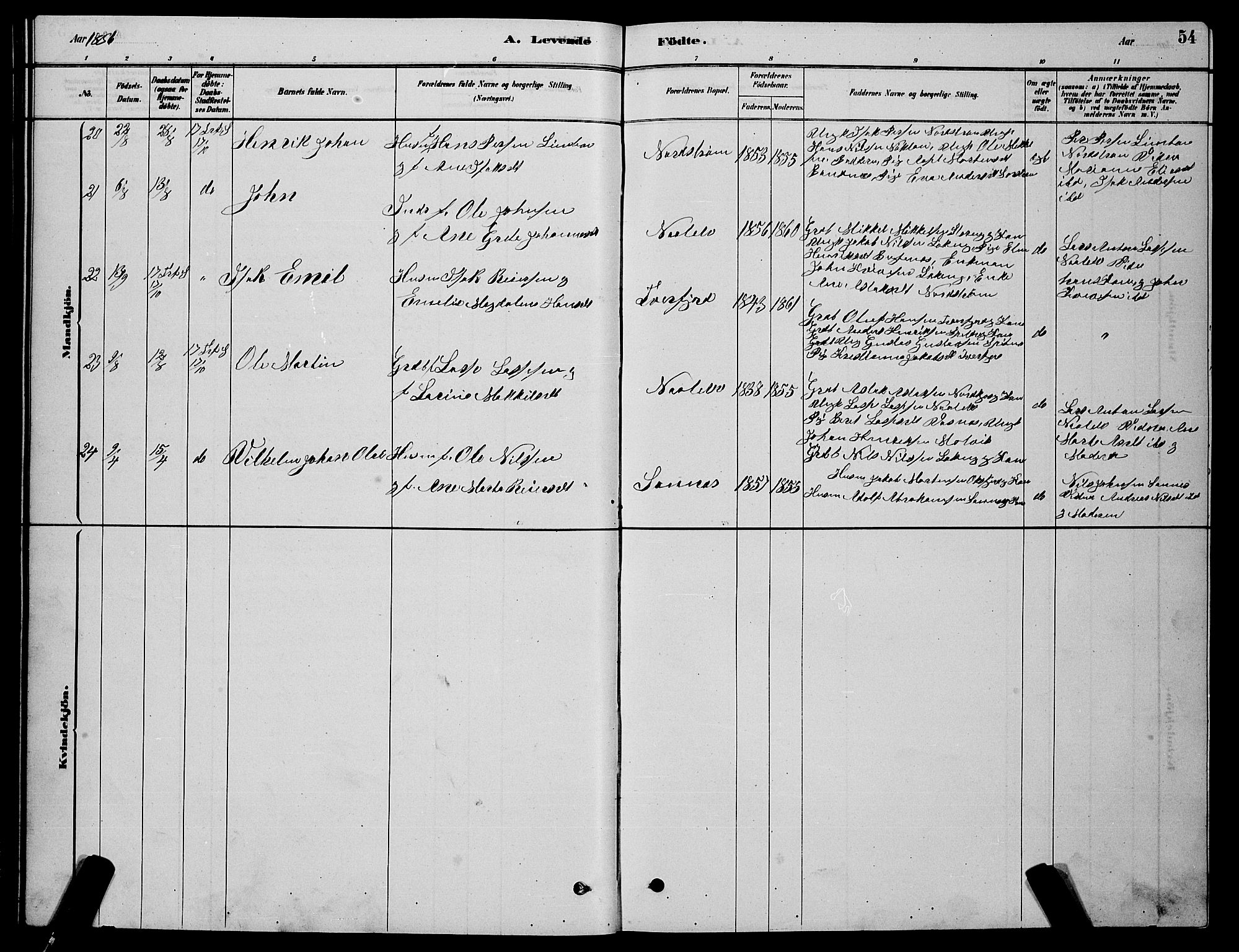 Skjervøy sokneprestkontor, AV/SATØ-S-1300/H/Ha/Hab/L0015klokker: Parish register (copy) no. 15, 1878-1890, p. 54