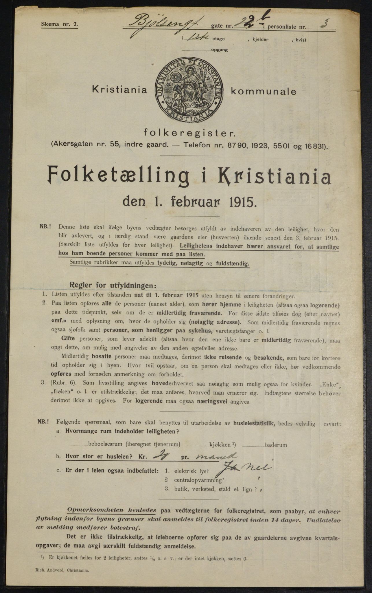 OBA, Municipal Census 1915 for Kristiania, 1915, p. 6607