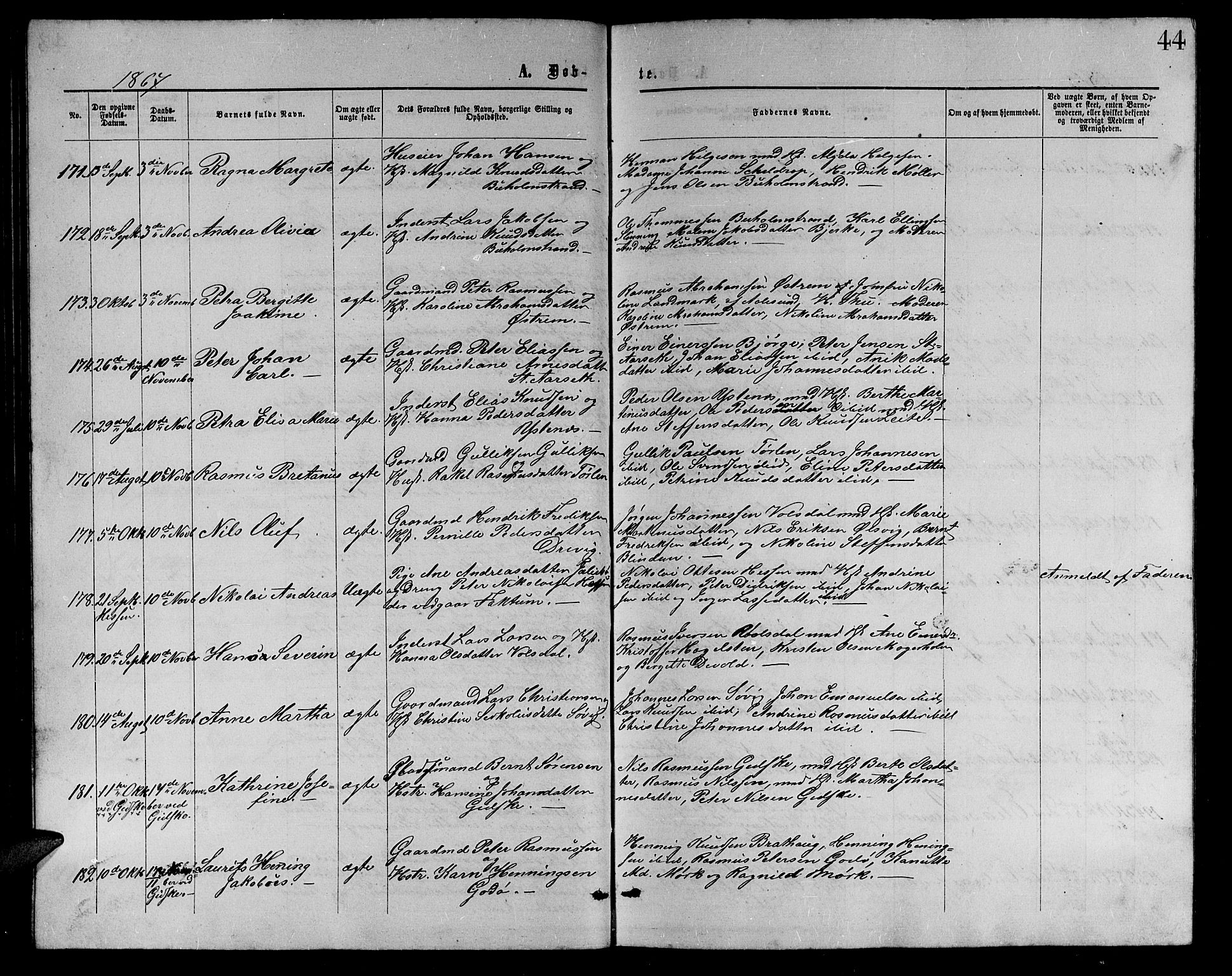 Ministerialprotokoller, klokkerbøker og fødselsregistre - Møre og Romsdal, AV/SAT-A-1454/528/L0428: Parish register (copy) no. 528C09, 1864-1880, p. 44