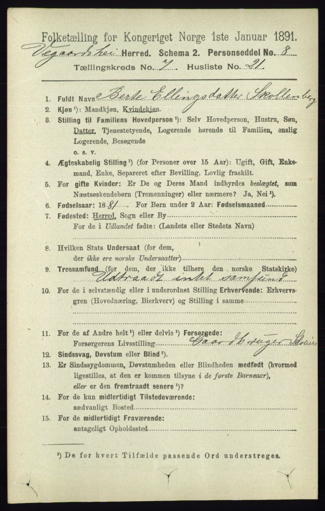 RA, 1891 census for 0912 Vegårshei, 1891, p. 1484