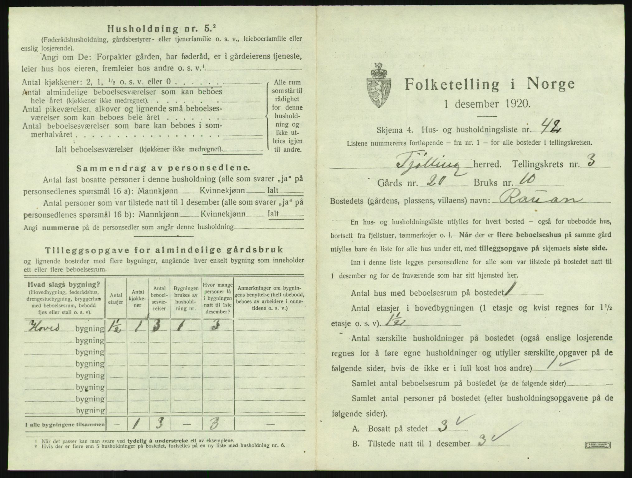 SAKO, 1920 census for Tjølling, 1920, p. 1049