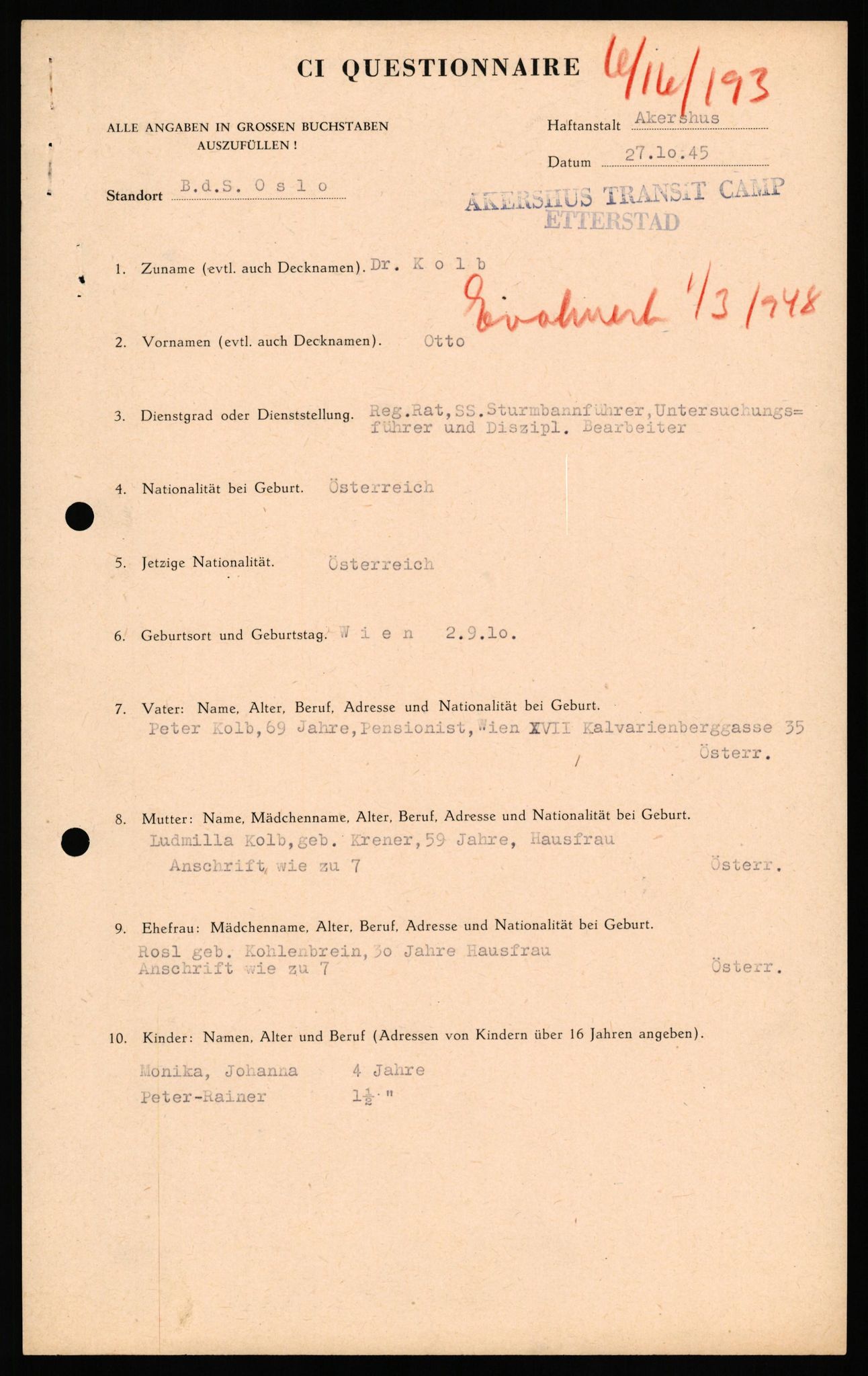 Forsvaret, Forsvarets overkommando II, AV/RA-RAFA-3915/D/Db/L0039: CI Questionaires. Tyske okkupasjonsstyrker i Norge. Østerrikere., 1945-1946, p. 195