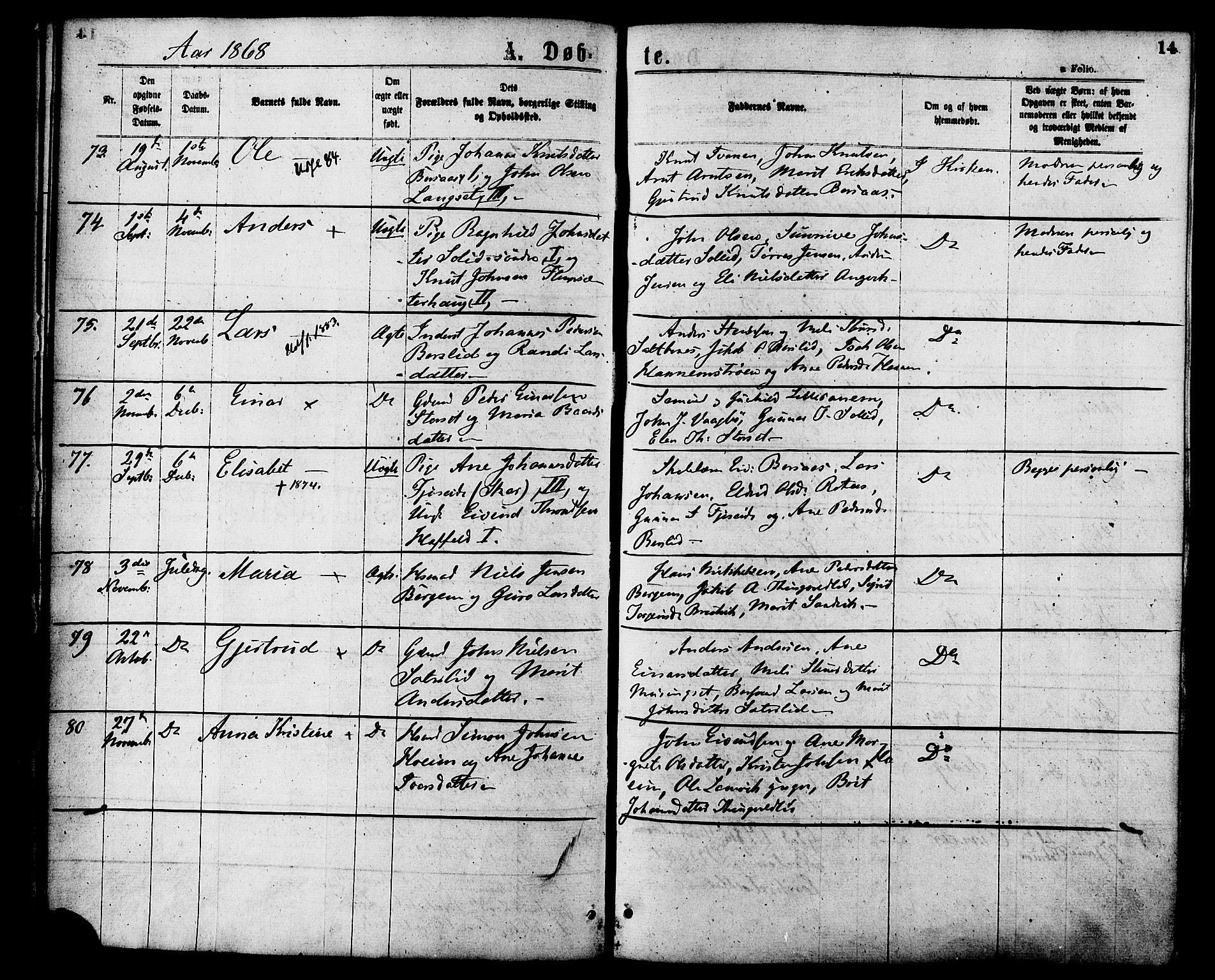 Ministerialprotokoller, klokkerbøker og fødselsregistre - Møre og Romsdal, AV/SAT-A-1454/586/L0986: Parish register (official) no. 586A12, 1867-1878, p. 14