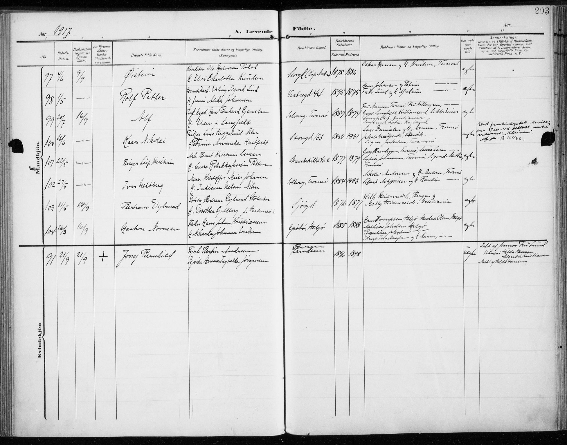Tromsø sokneprestkontor/stiftsprosti/domprosti, AV/SATØ-S-1343/G/Ga/L0017kirke: Parish register (official) no. 17, 1907-1917, p. 203
