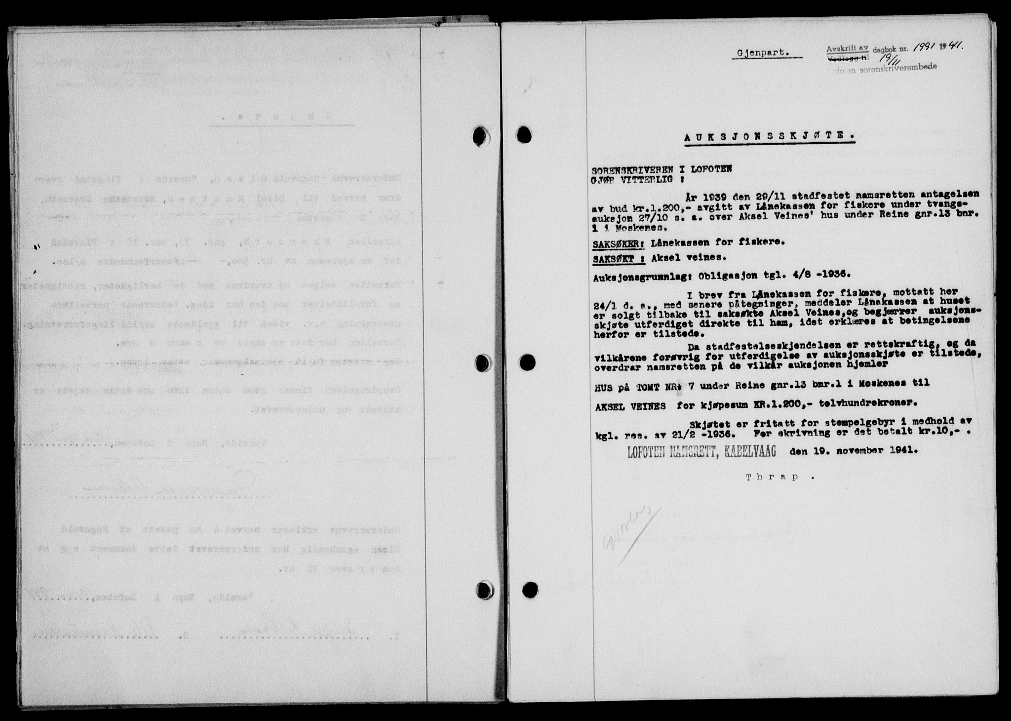 Lofoten sorenskriveri, SAT/A-0017/1/2/2C/L0009a: Mortgage book no. 9a, 1941-1942, Diary no: : 1991/1941