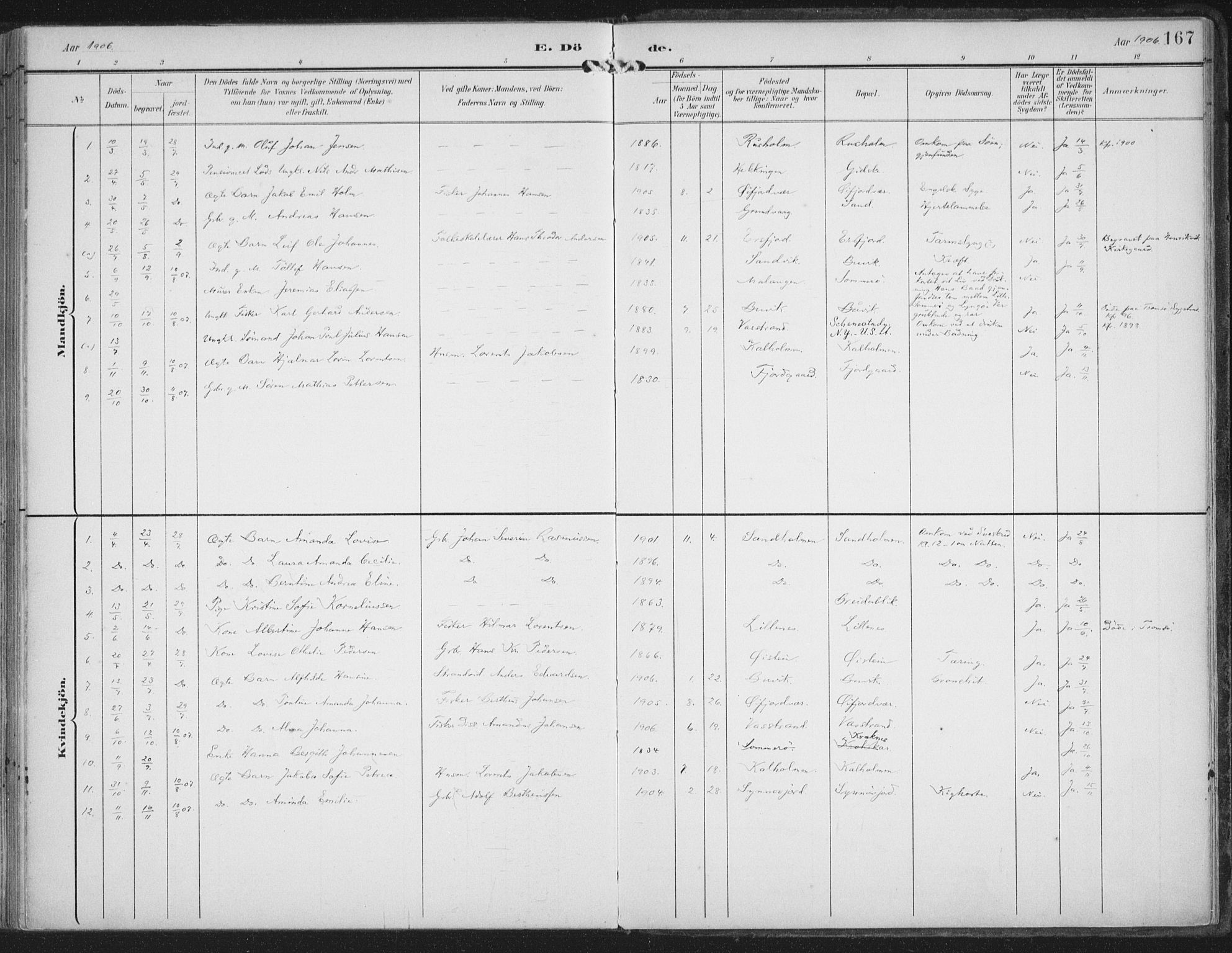 Lenvik sokneprestembete, AV/SATØ-S-1310/H/Ha/Haa/L0015kirke: Parish register (official) no. 15, 1896-1915, p. 167